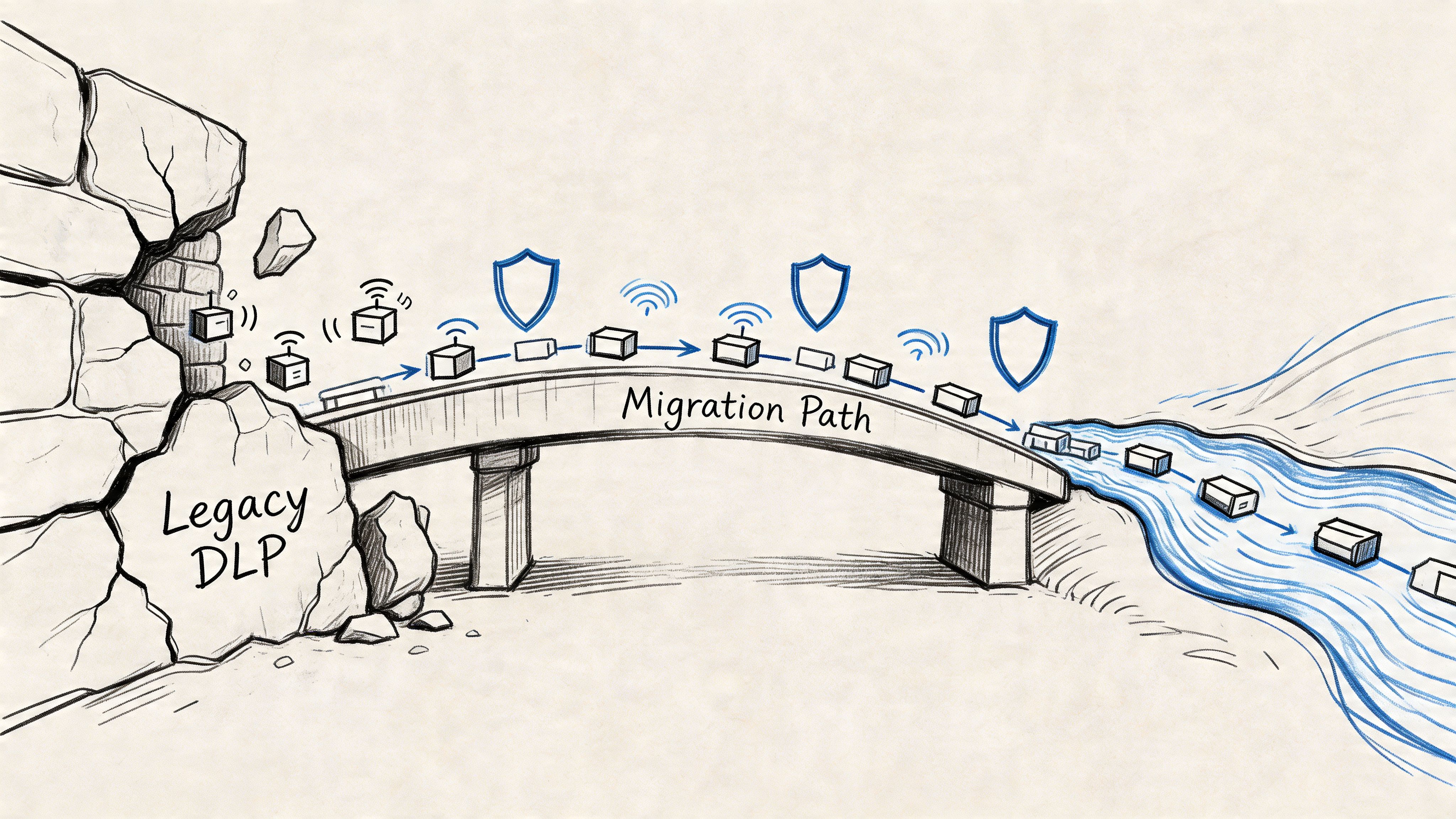 A hand-drawn illustration showing a migration path bridge from legacy DLP to a new stream.
