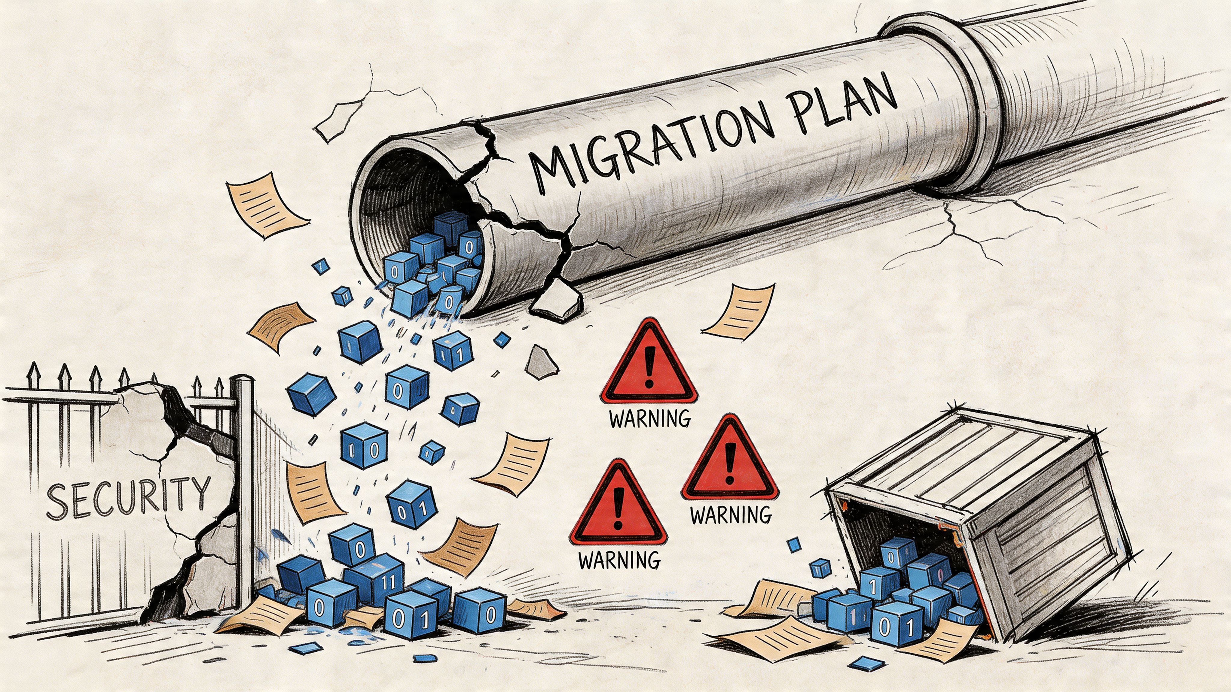 A conceptual illustration of a damaged migration plan pipeline causing data blocks to spill past security.
