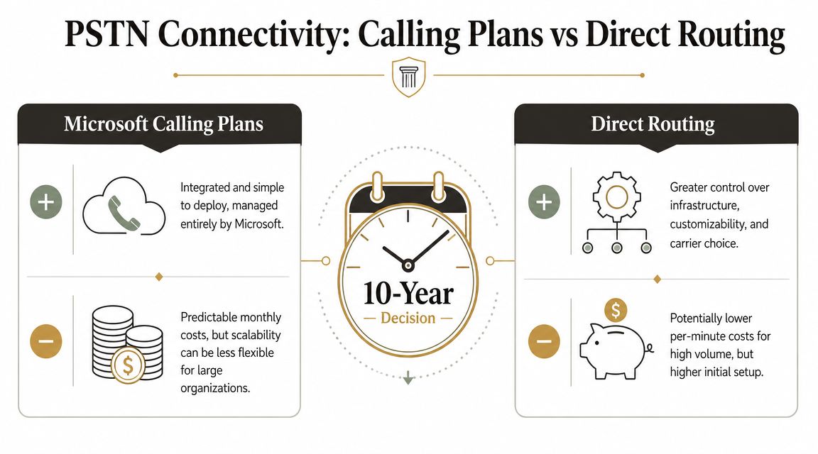 A comparison infographic between Microsoft Calling Plans and Direct Routing for PSTN connectivity decision-making.