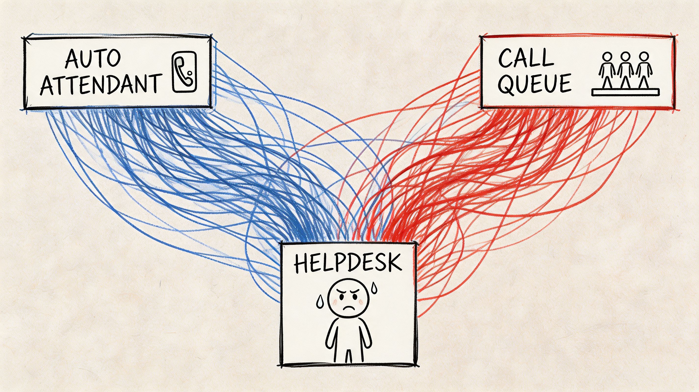 A hand-drawn illustration showing complex lines connecting Auto Attendant and Call Queue systems to an overwhelmed Helpdesk.