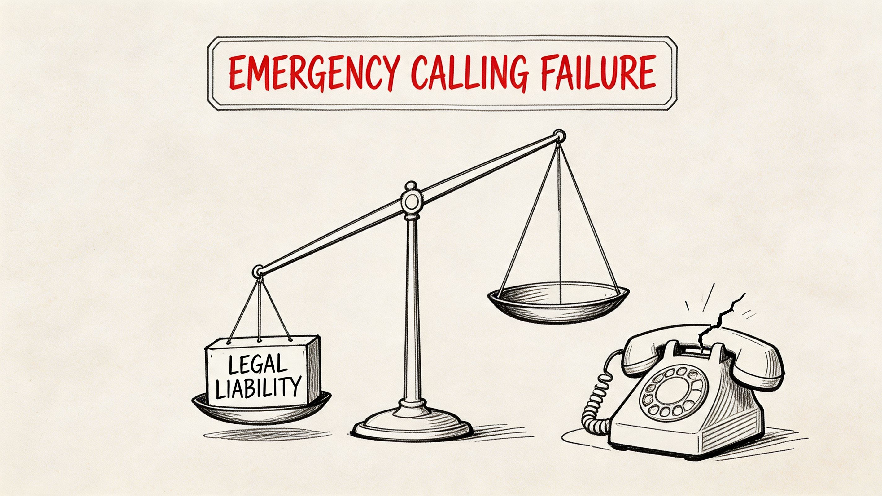 A conceptual illustration showing a balance scale weighing legal liability against a broken emergency phone system.