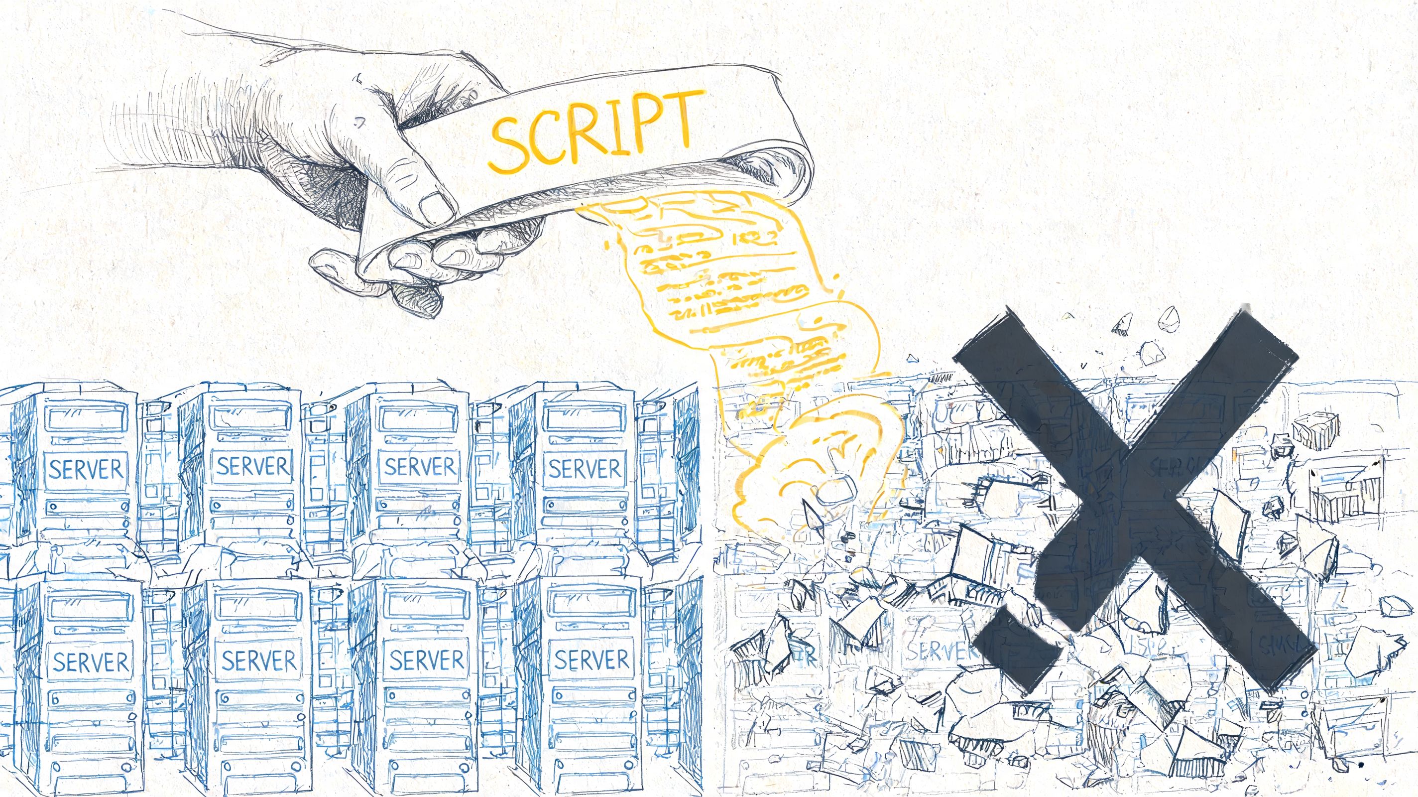 A conceptual sketch showing a hand pouring a script onto server racks, causing them to collapse.