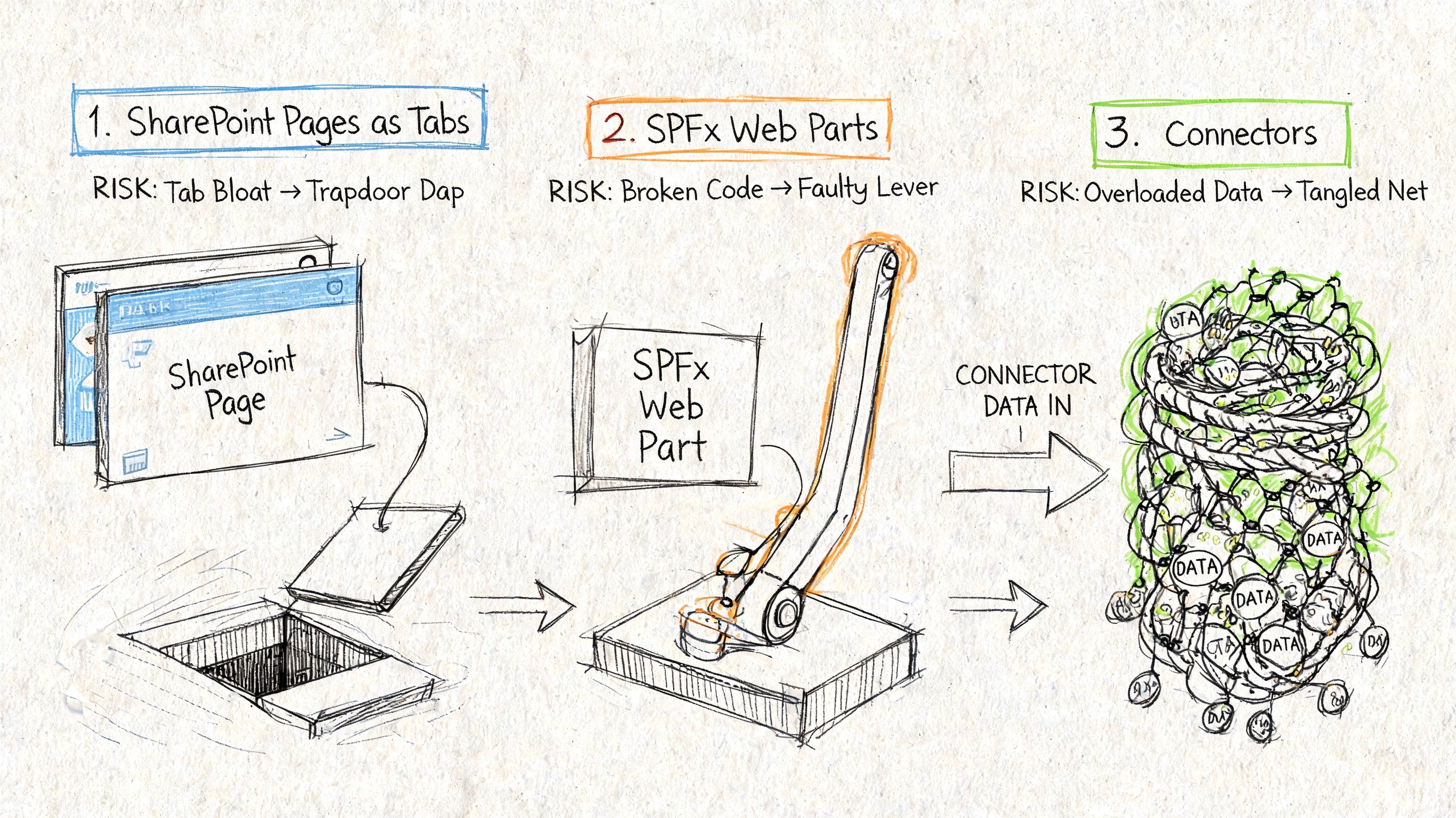 A hand-drawn illustration depicting common technical risks when integrating SharePoint with Microsoft Teams using various methods.