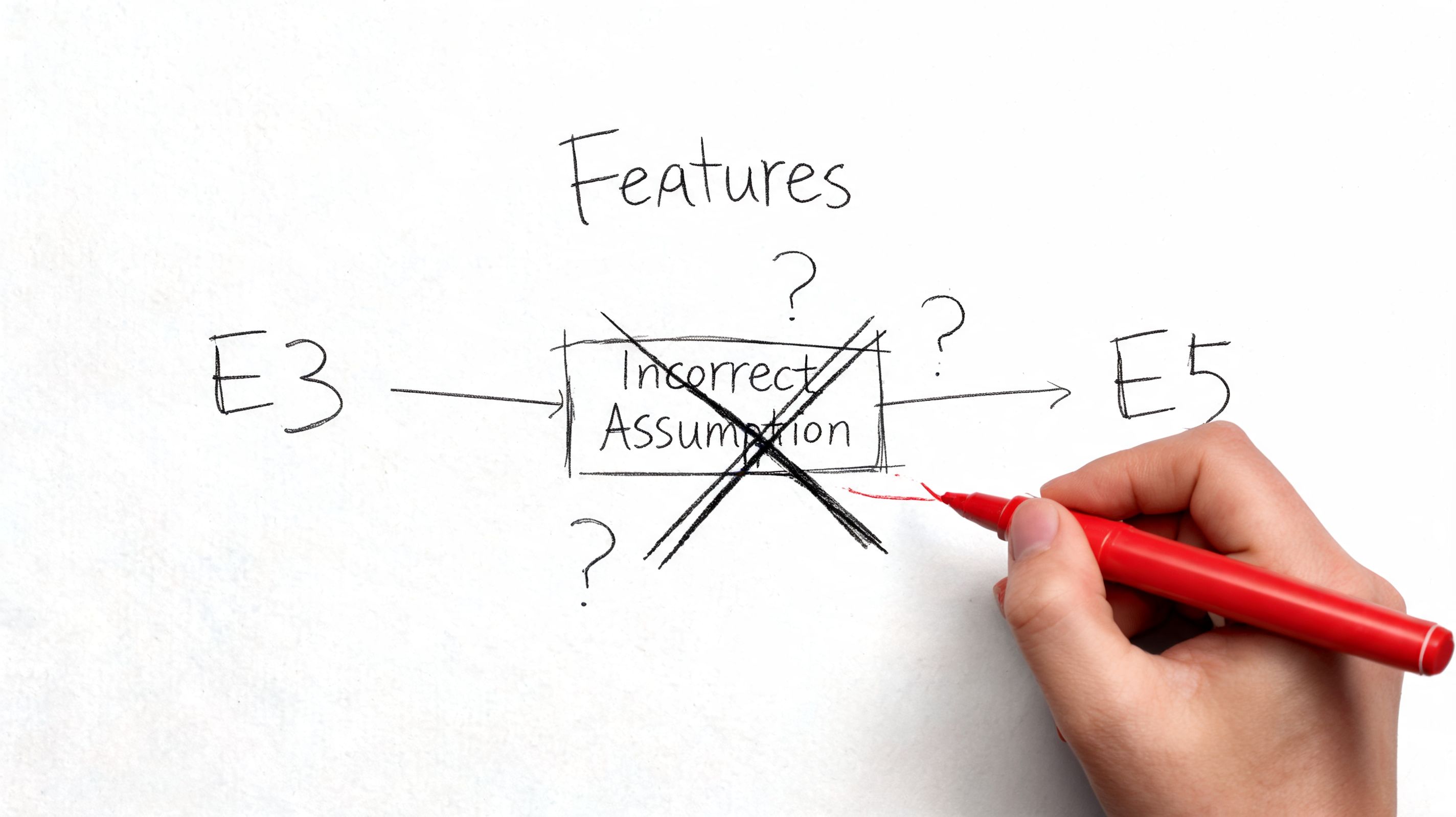 A hand holding a red marker over a diagram comparing Microsoft 365 E3 and E5 features.