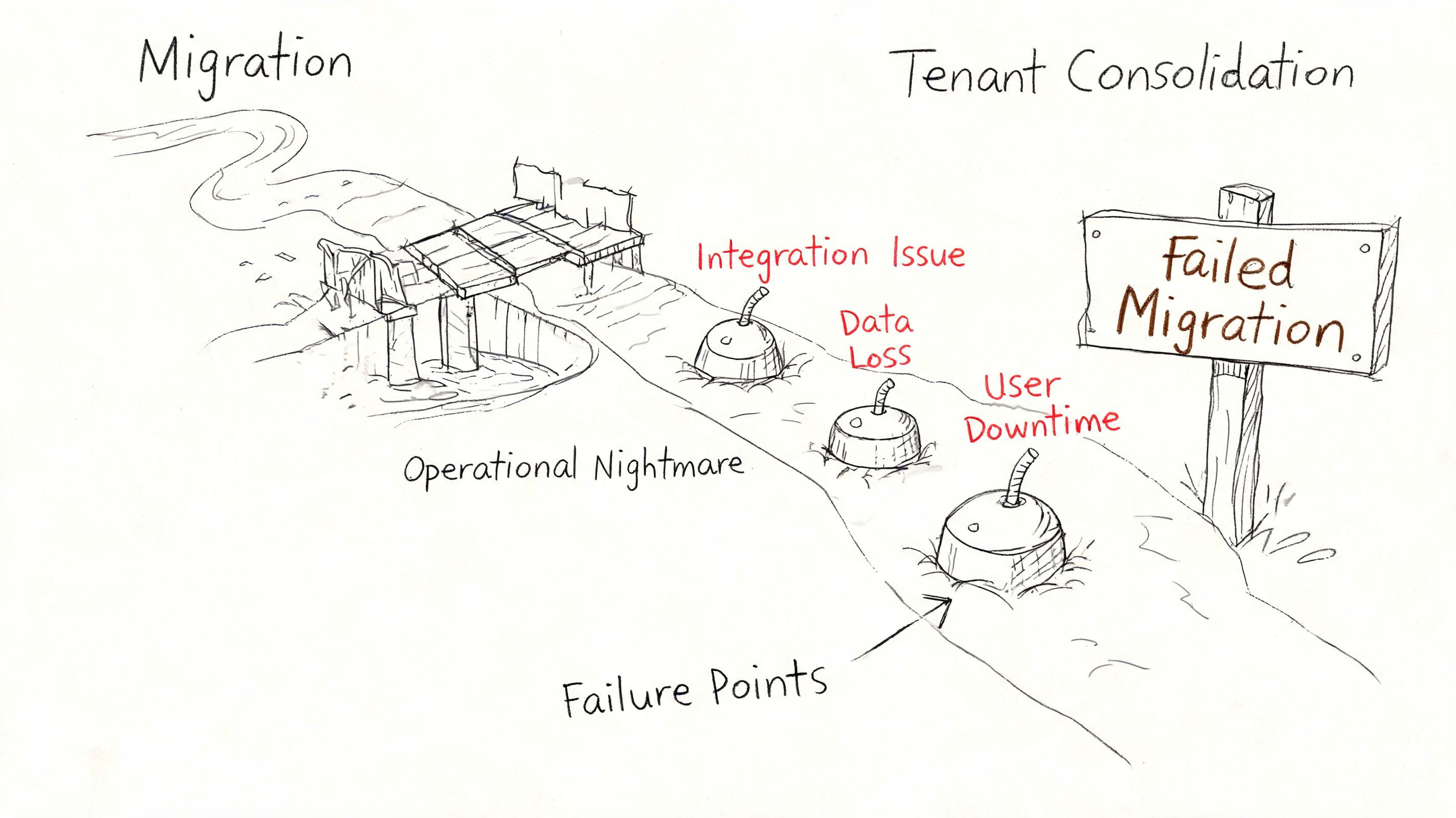 A hand-drawn illustration depicting a failed migration path with bombs representing risks like data loss and downtime.
