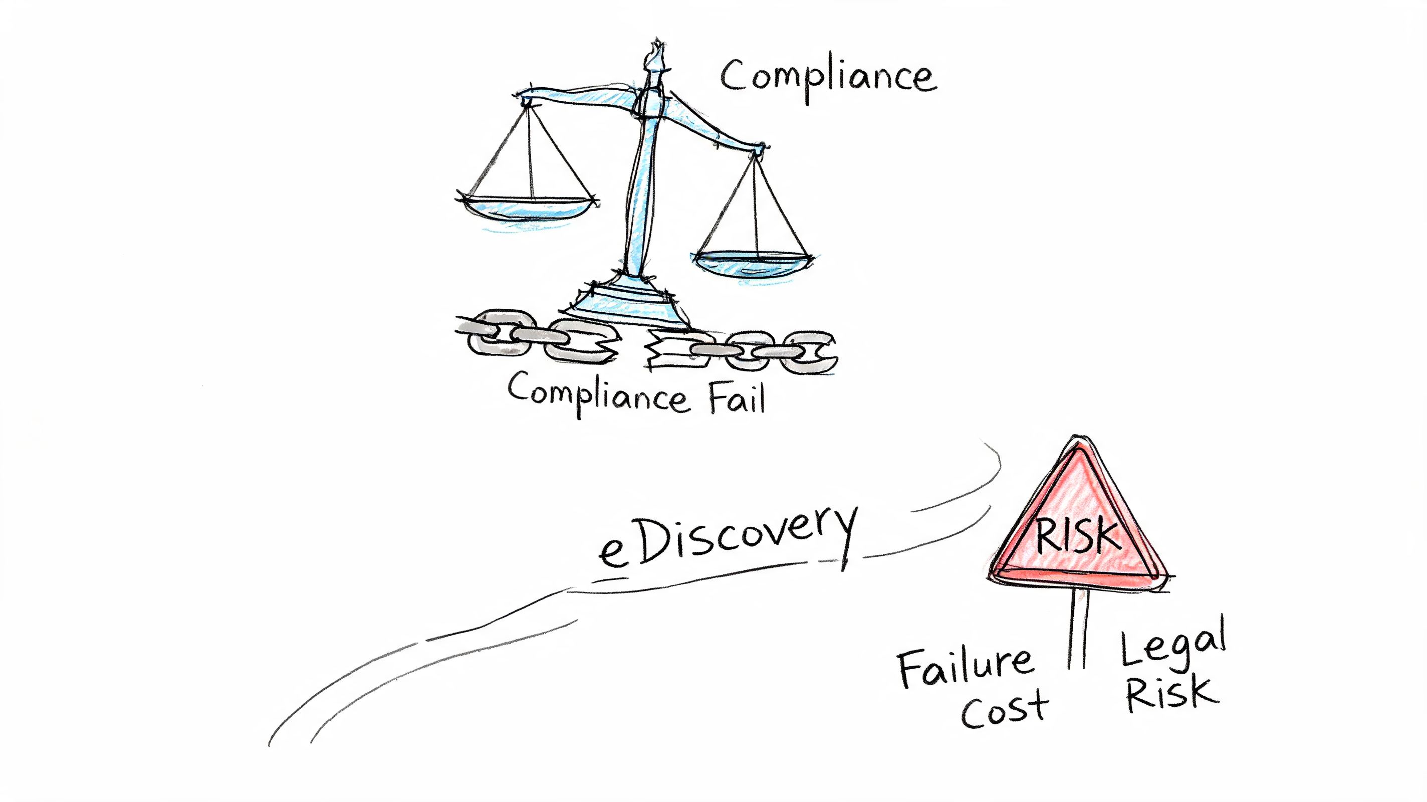A hand-drawn illustration showing a broken scale representing compliance failure and an eDiscovery risk warning sign.