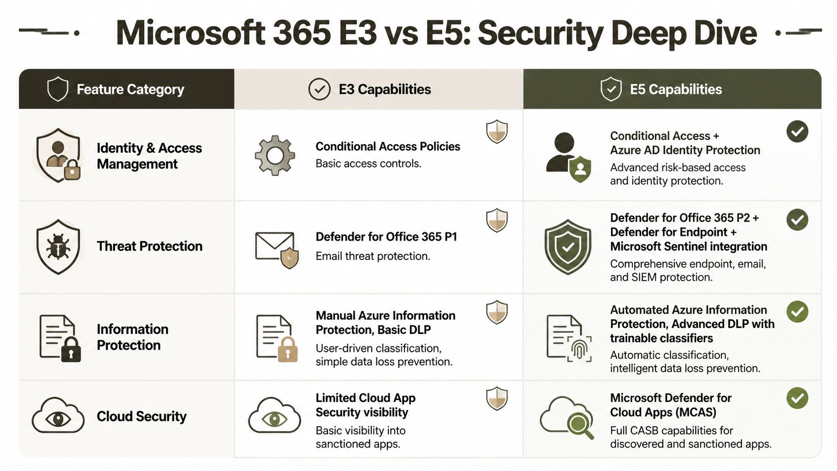 A comparison chart outlining key security feature differences between Microsoft 365 E3 and E5 enterprise plans.