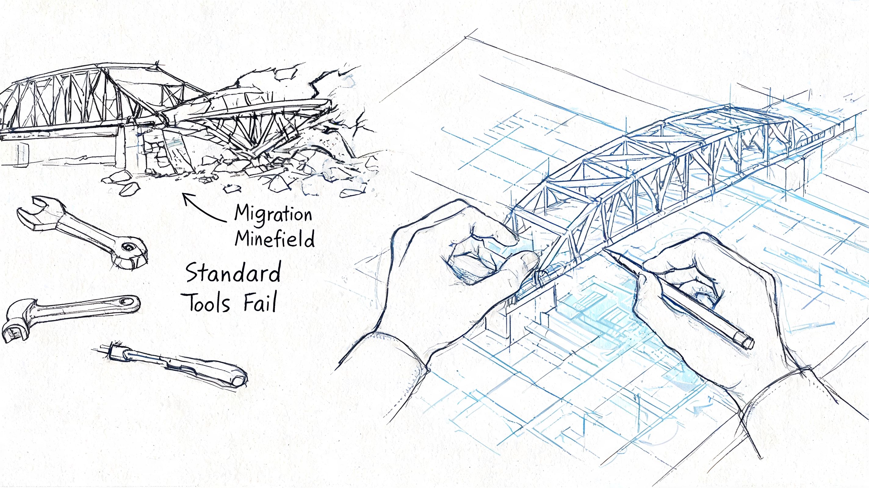 A hand-drawn illustration contrasting a collapsed bridge representing migration challenges against blueprints being designed by hands.