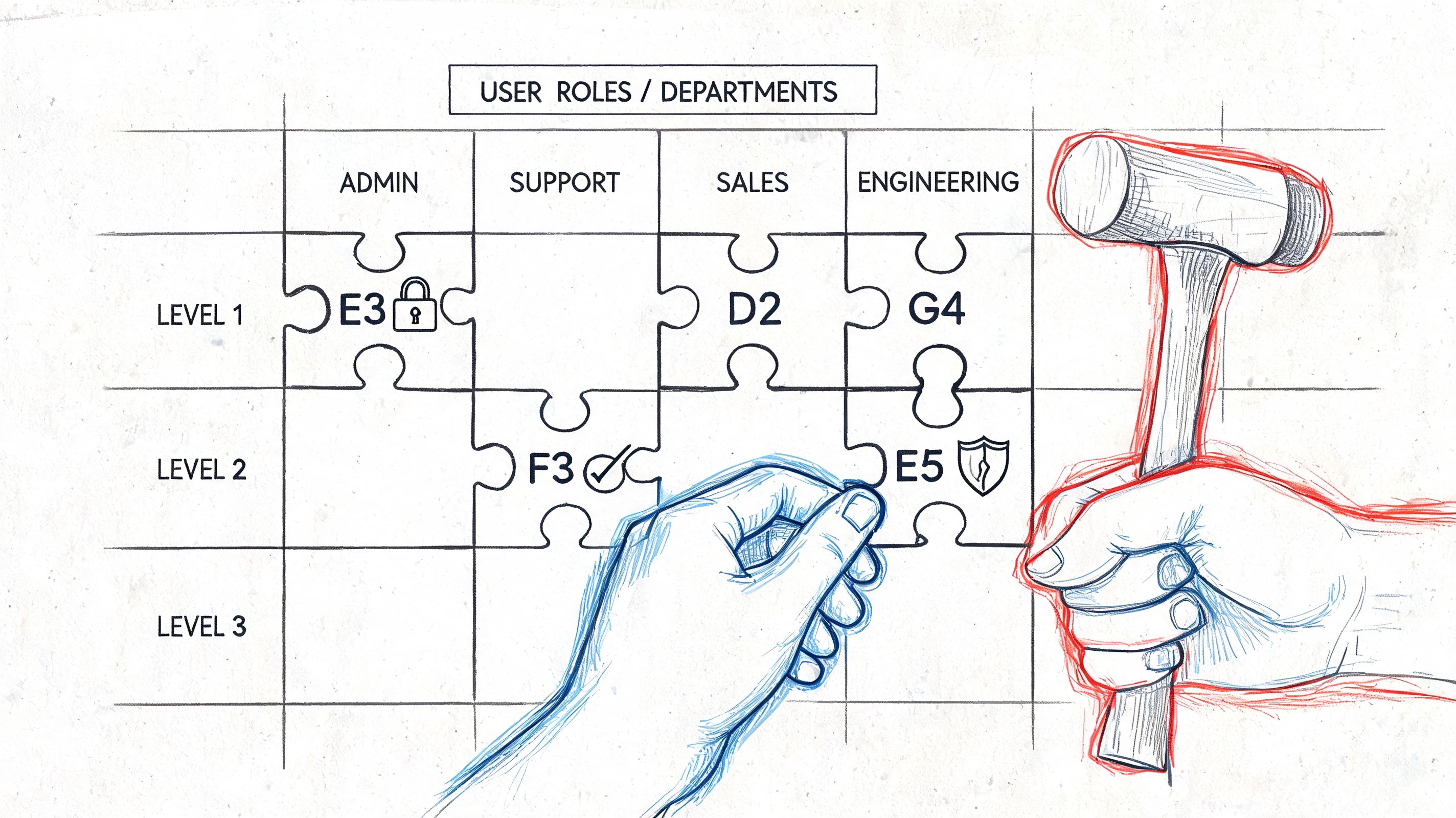 A hand placing a puzzle piece into a grid representing Microsoft 365 user roles and departments.