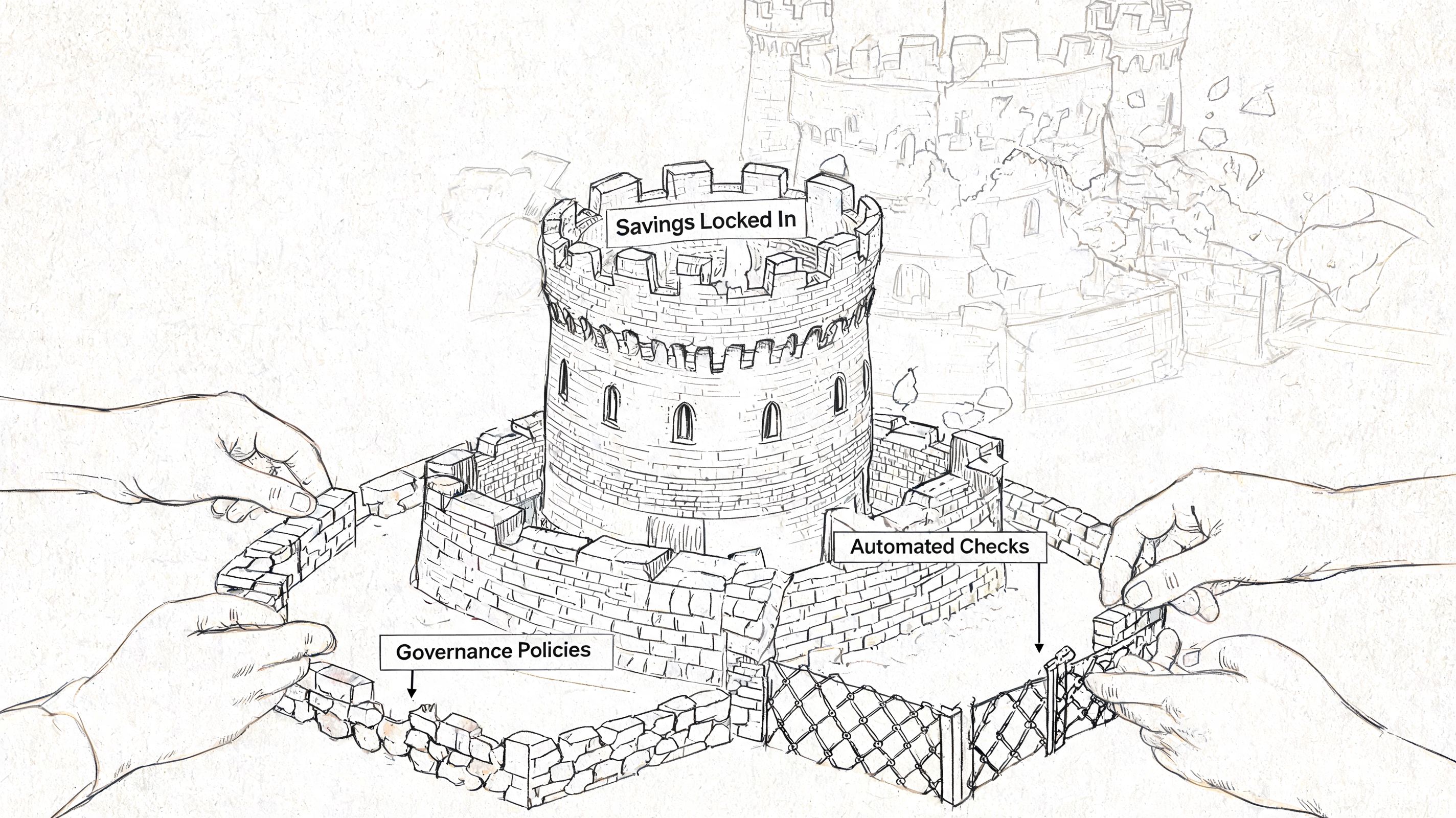A line-art illustration shows hands building a defensive fortress wall around a central tower, symbolizing financial protection.