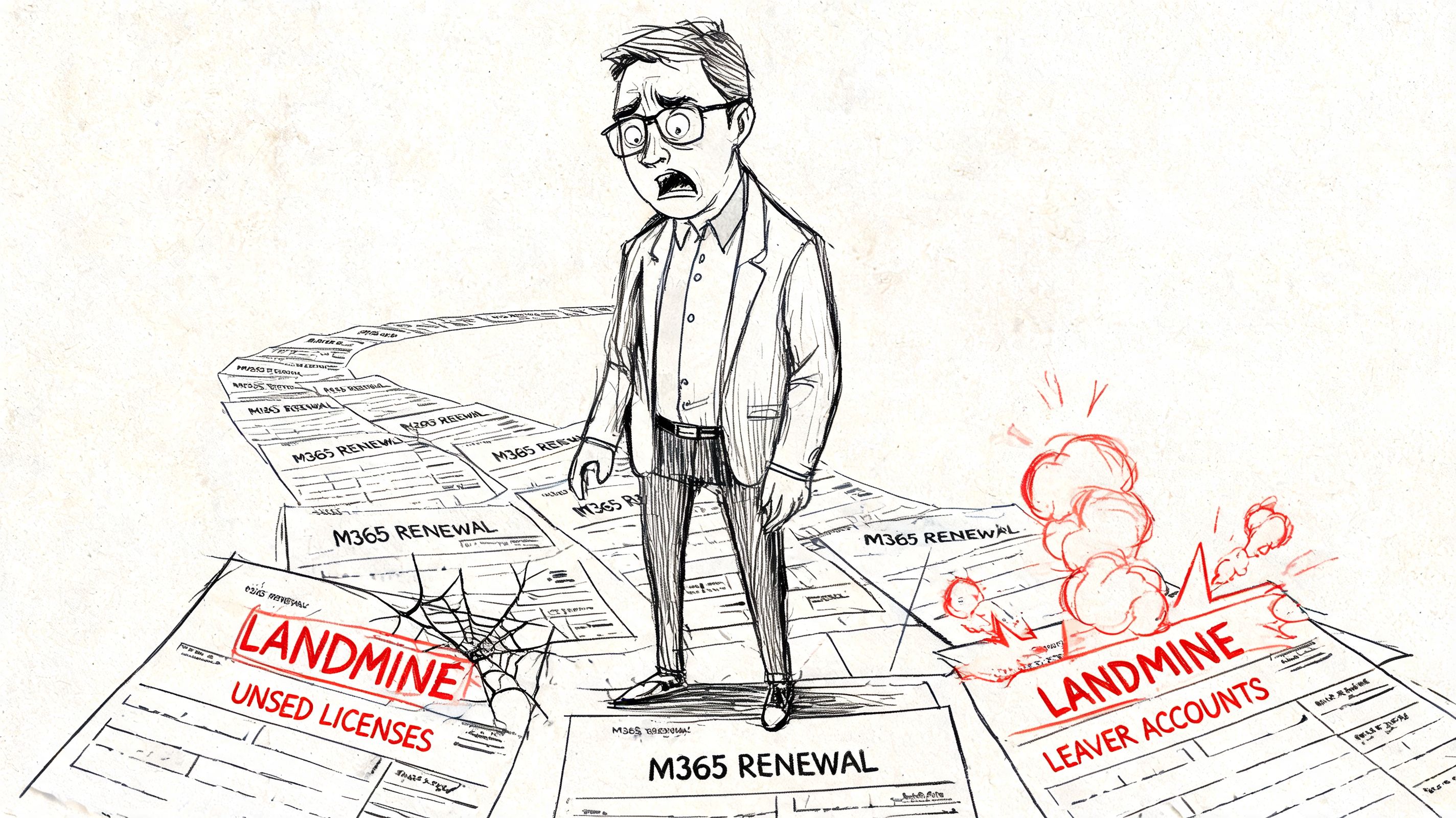 A worried office worker standing on a path made of M365 renewal documents filled with digital landmines.