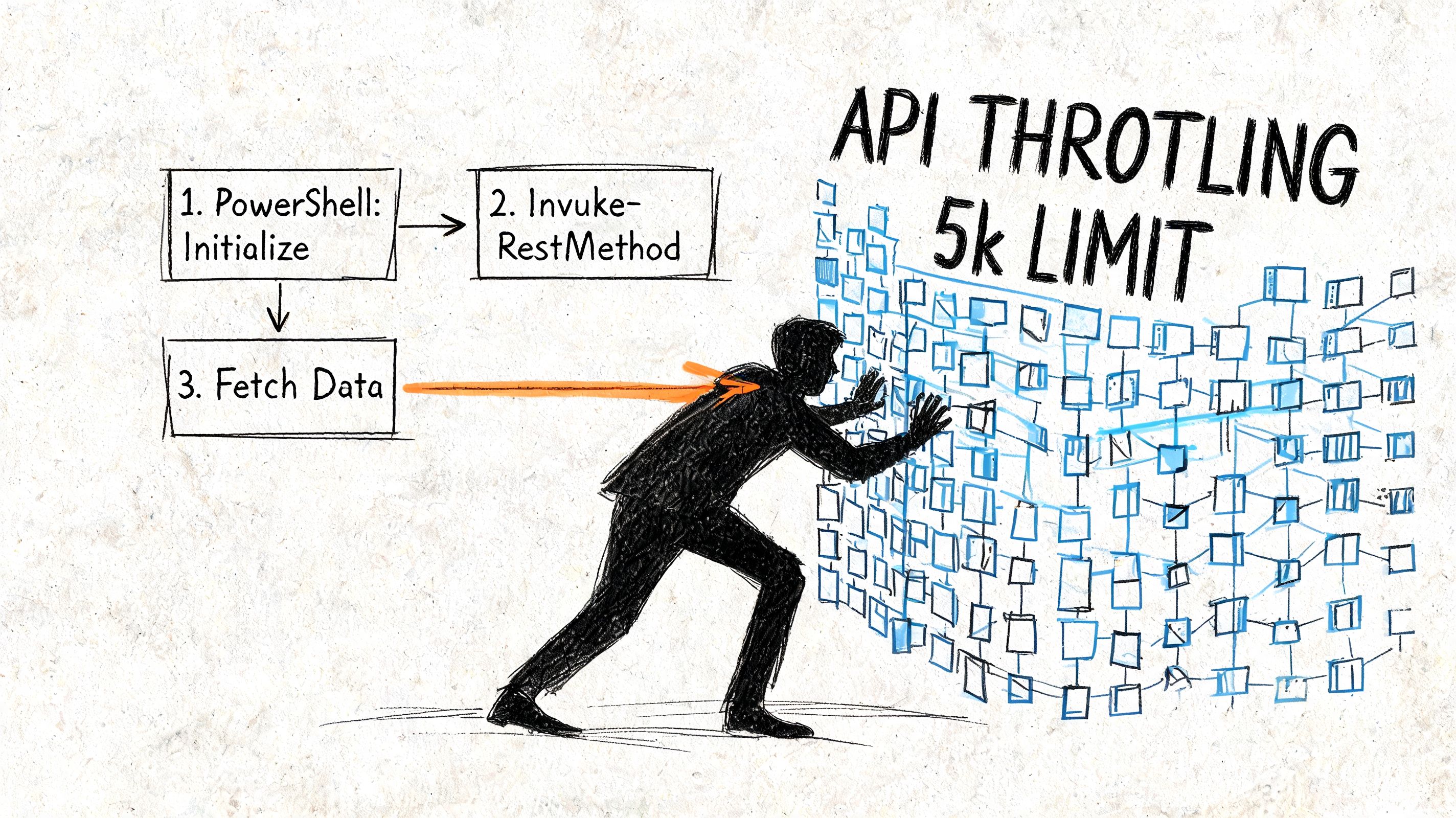 A hand-drawn illustration showing a person pushing against a wall of blocks representing an API throttling limit.