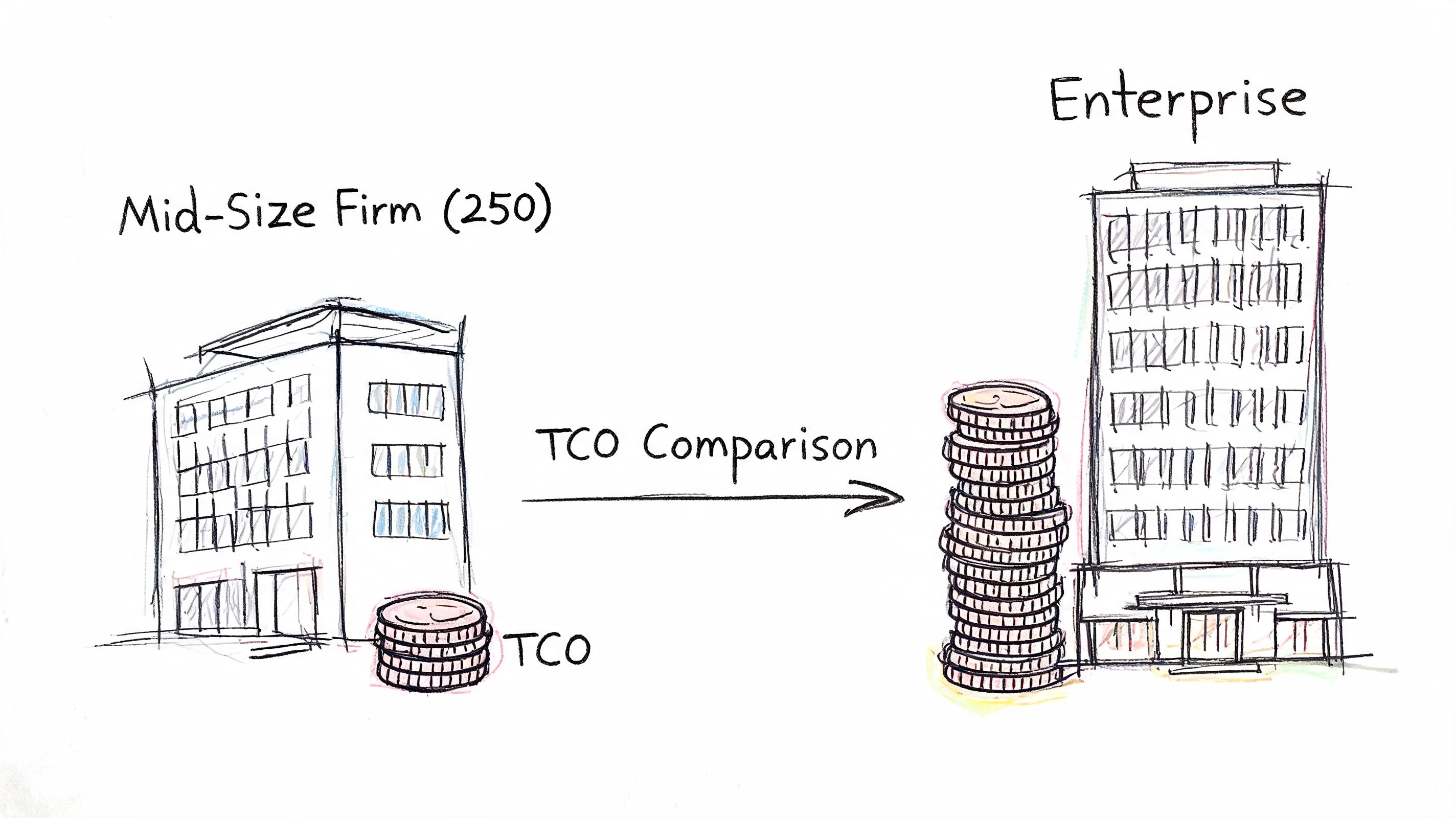 A conceptual diagram showing a TCO comparison between a mid-size firm and a larger enterprise building.
