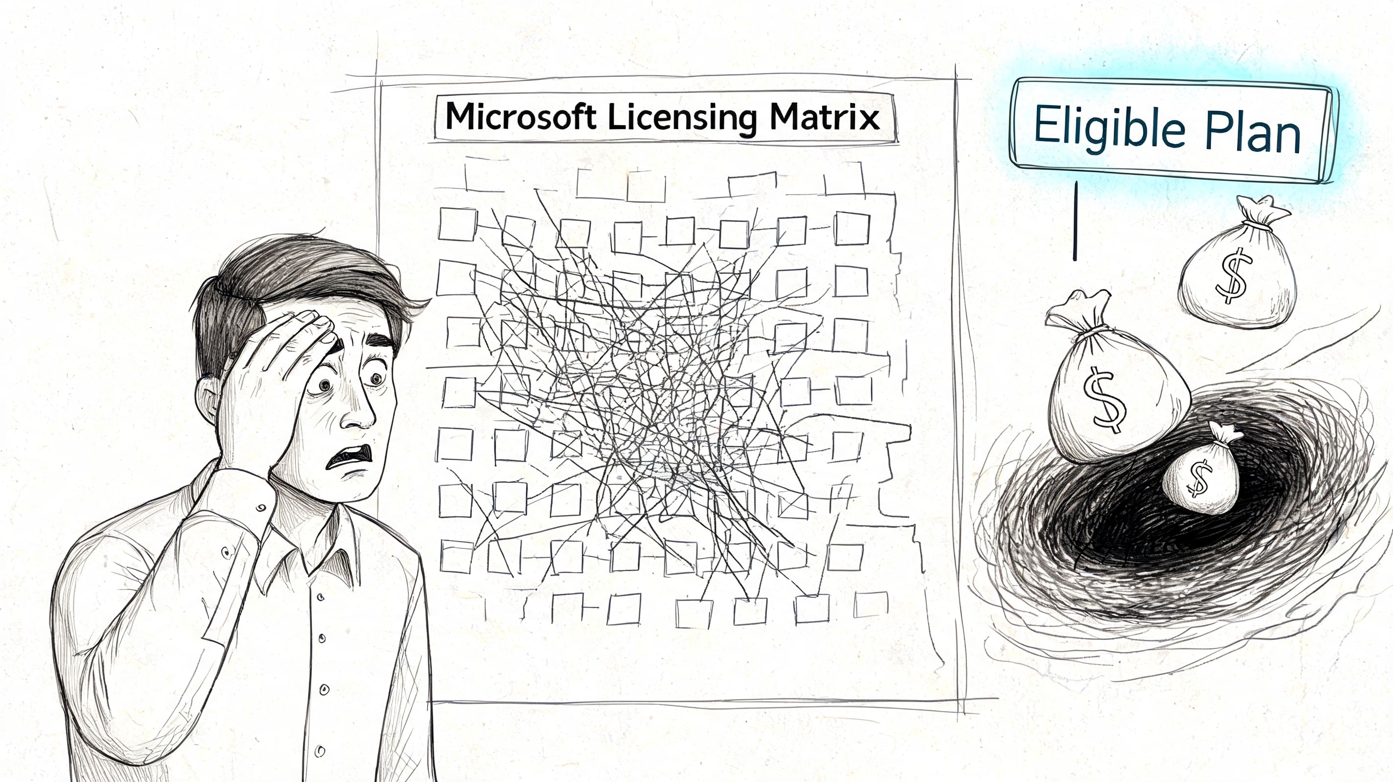 A person looking confused at a complex Microsoft licensing matrix chart with money bags labeled eligible plan.