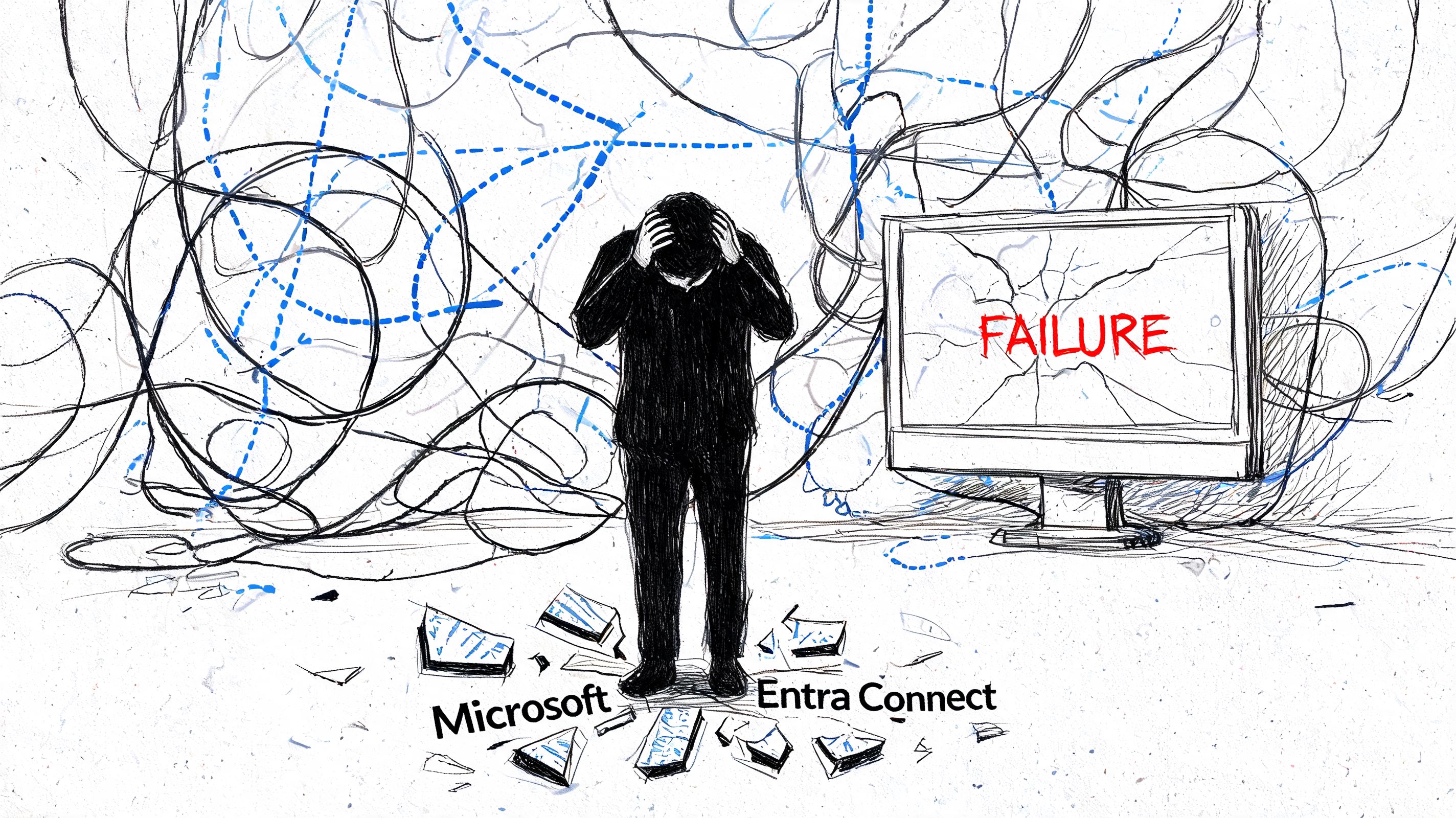 A frustrated businessman stands before a broken monitor displaying failure, symbolizing Microsoft Entra Connect technical issues.