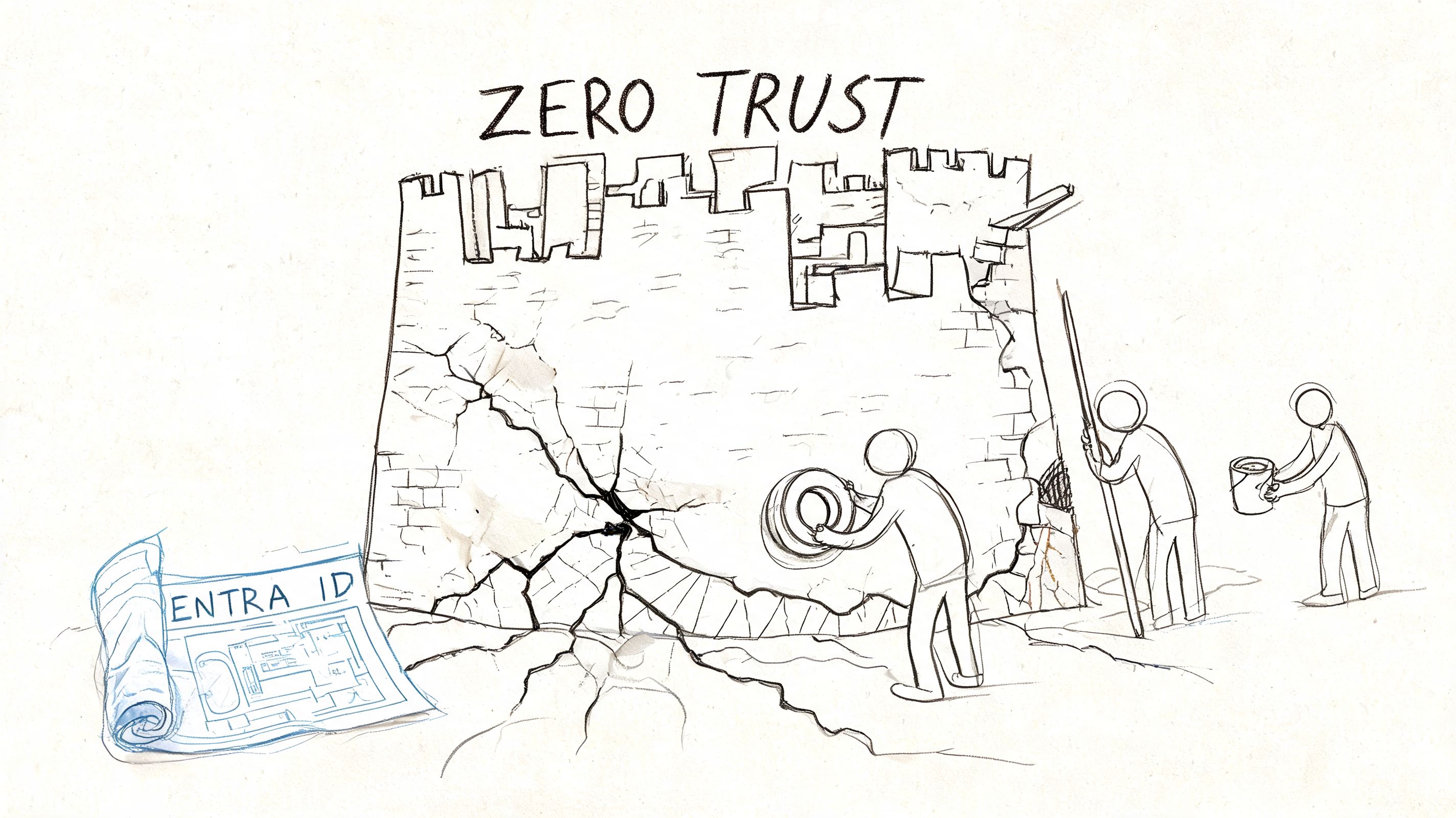A line drawing illustration showing workers repairing a crumbling castle wall labeled Zero Trust with Entra ID blueprints.