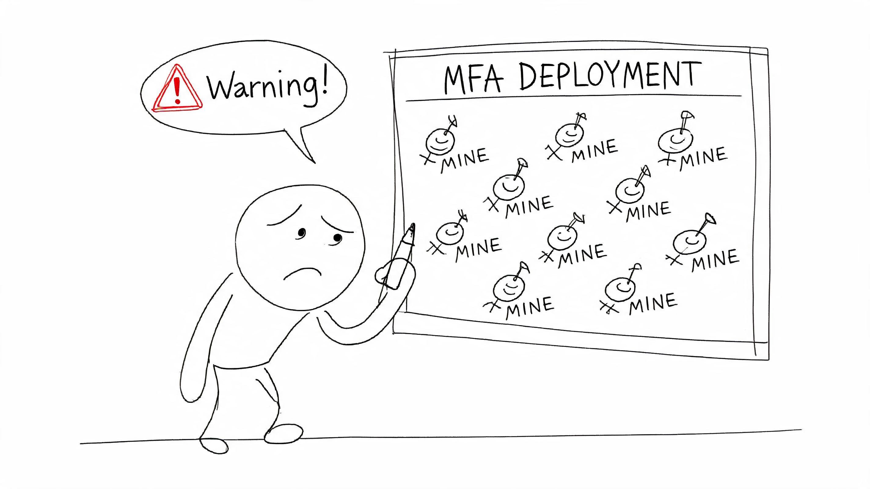 A hand-drawn illustration showing a sad person pointing at a whiteboard labeled MFA Deployment with landmine icons.