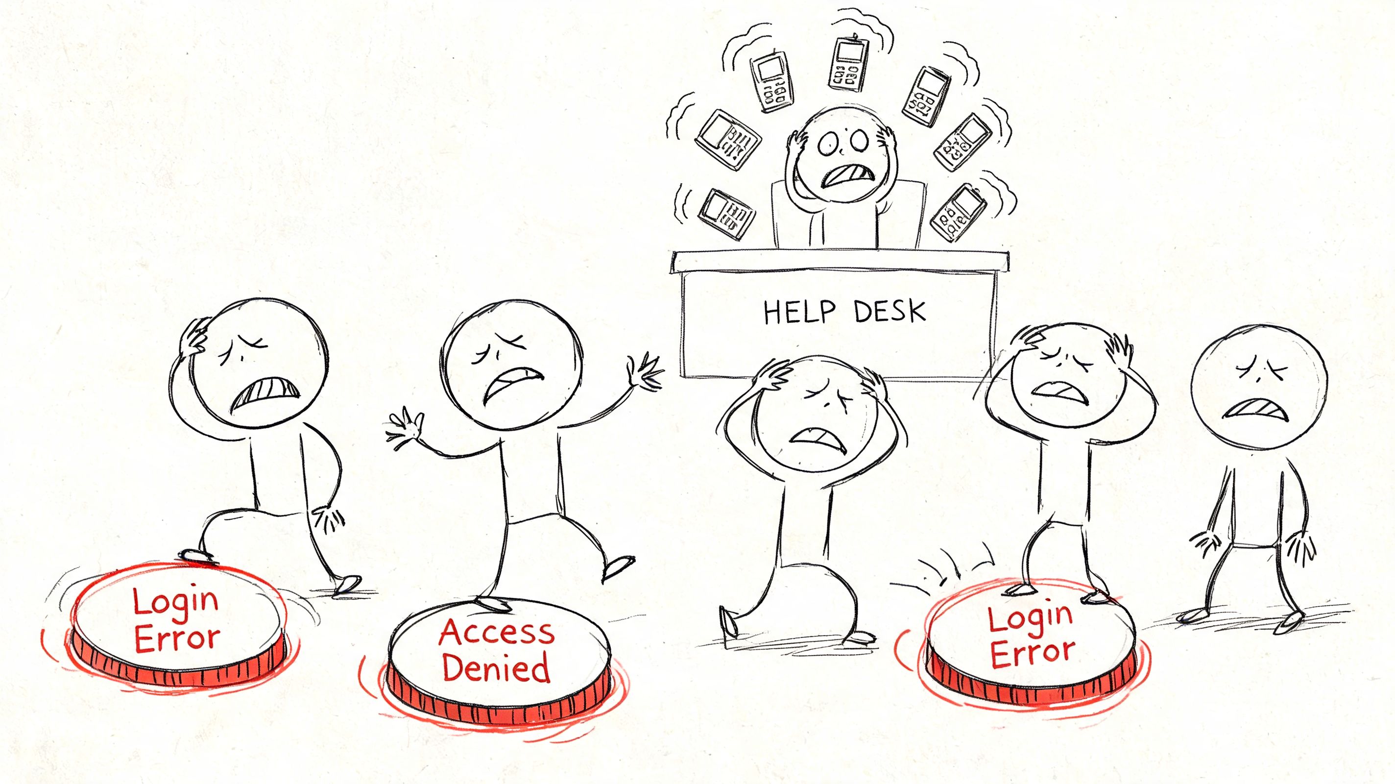 A cartoon illustration showing stressed users experiencing login errors while a help desk employee is overwhelmed.