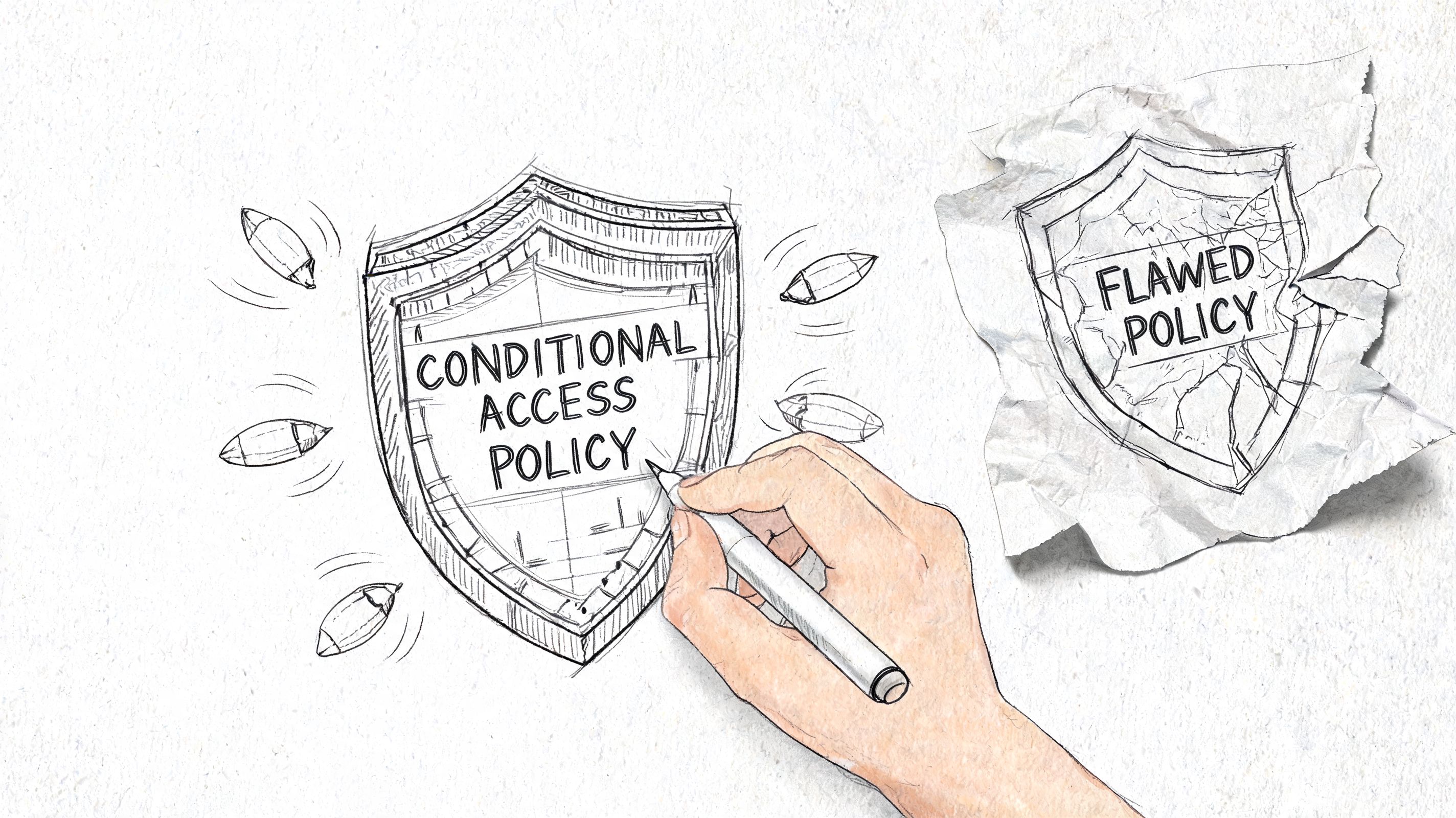 A hand drawing a shield labeled Conditional Access Policy near a crumpled paper labeled Flawed Policy.