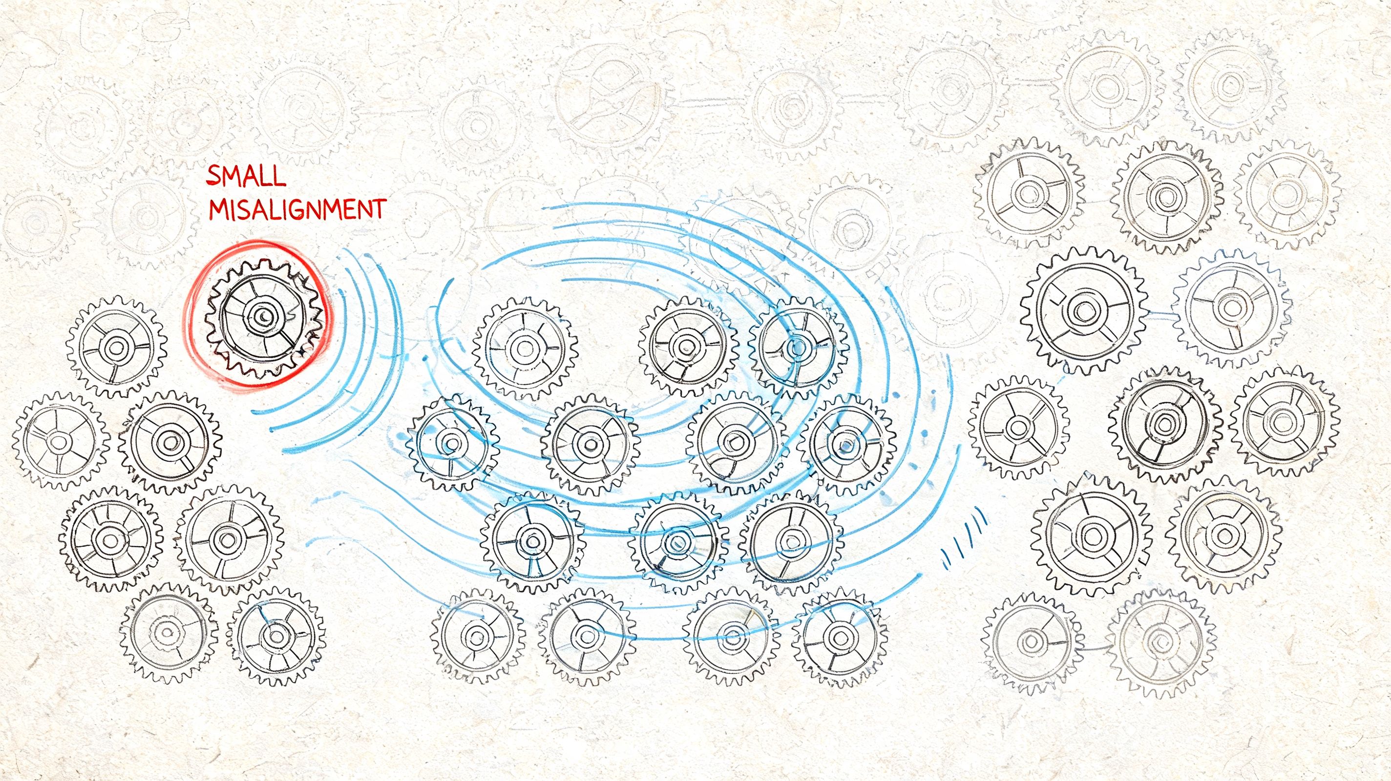 A digital sketch showing a group of gears where one highlighted gear causes widespread system misalignment.