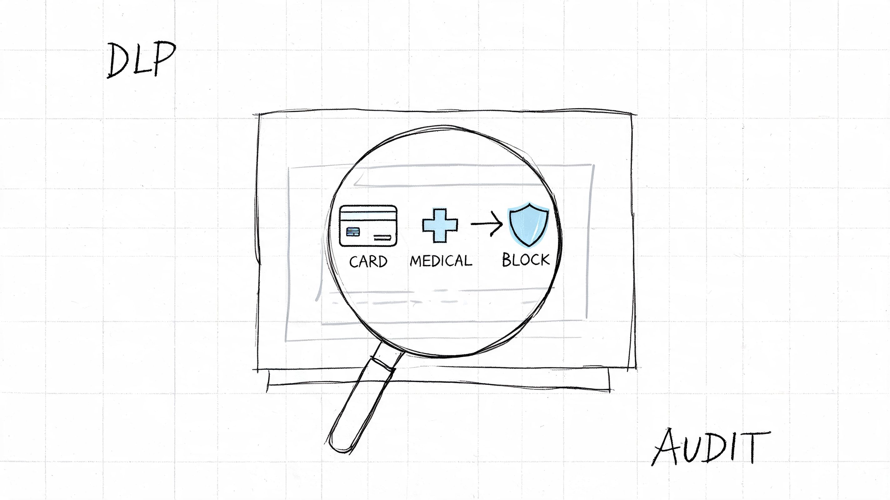 A hand-drawn illustration showing Data Loss Prevention concepts including card and medical data protection and blocking.