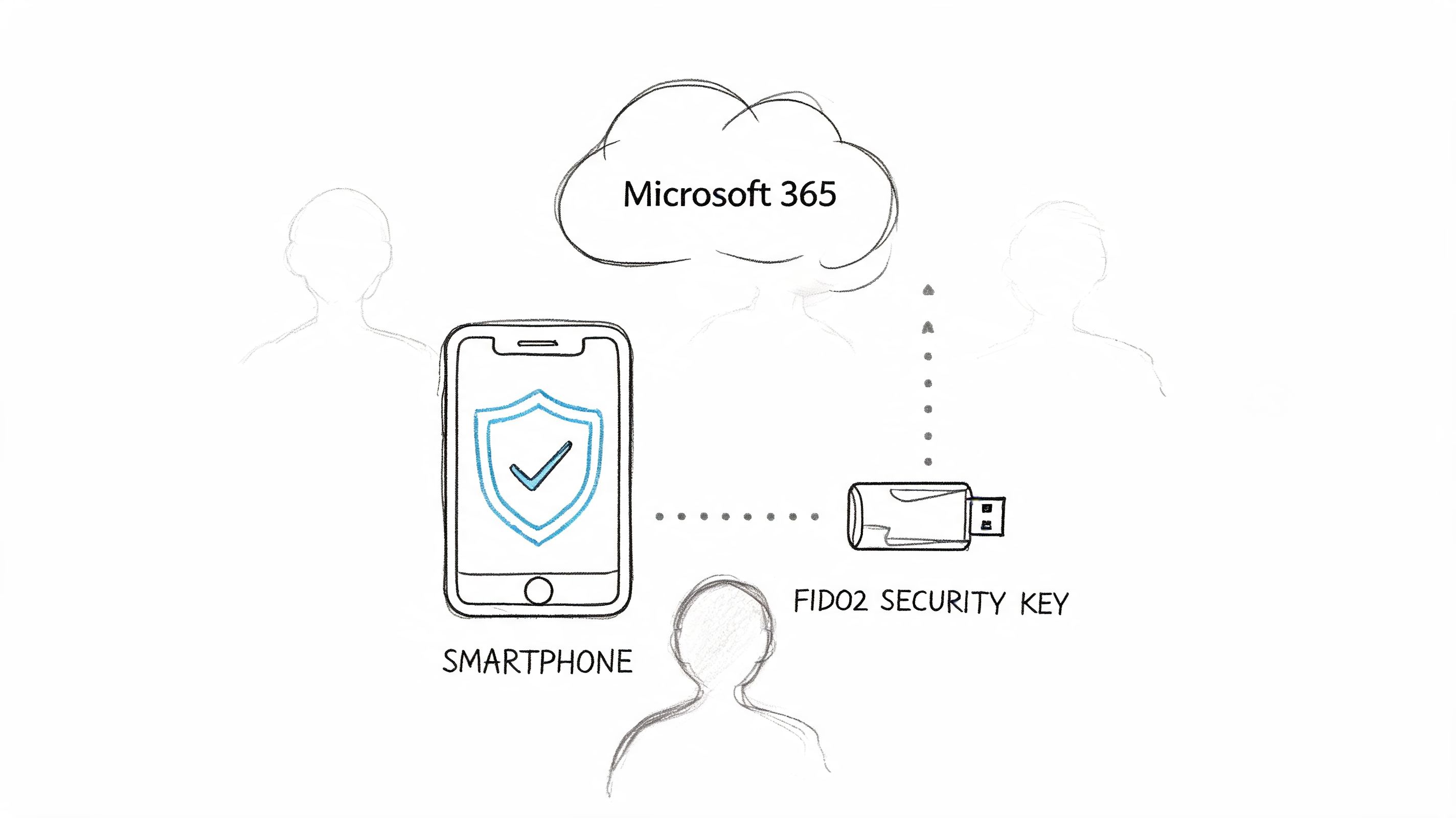 A hand-drawn illustration showing authentication methods for Microsoft 365, featuring a smartphone and a FIDO2 security key.