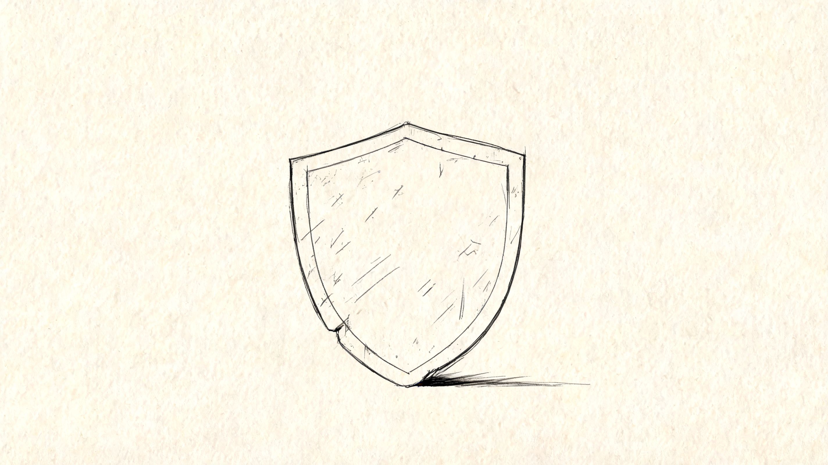 A simple black and white pencil sketch of a protective shield icon on a textured paper background.