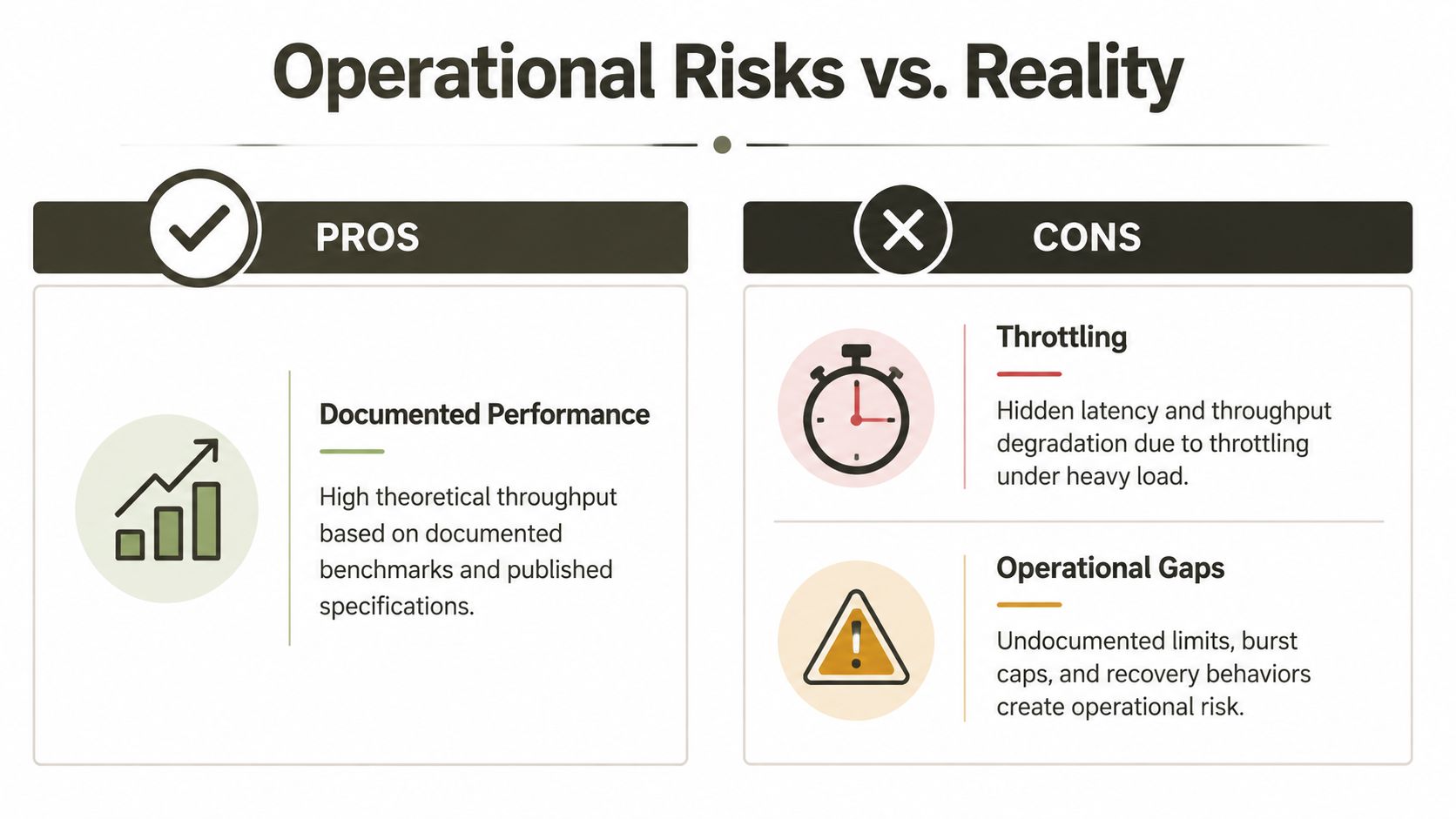 A comparison chart showing the pros of documented performance against the operational risks and cons of system throttling.