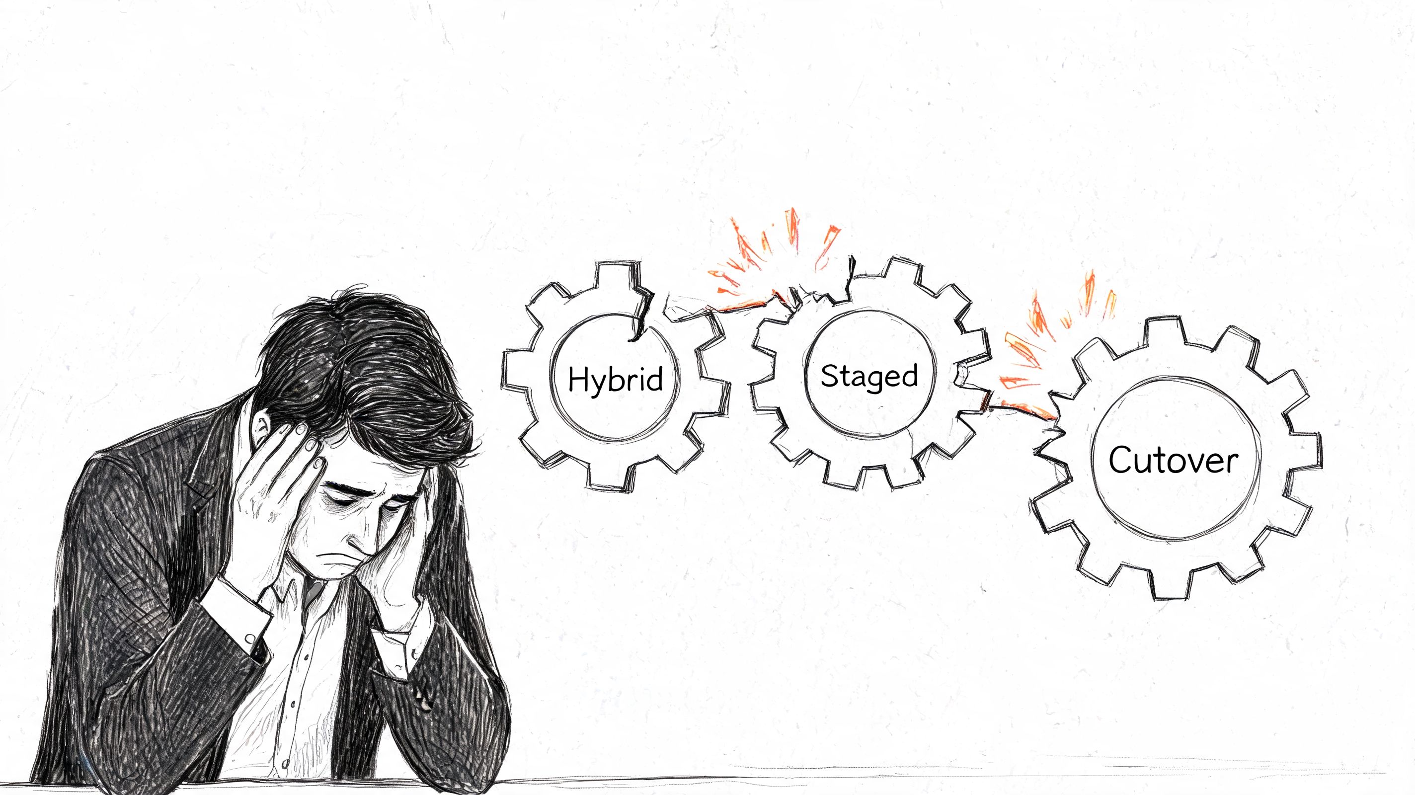 A stressed businessman looking at broken gears labeled hybrid, staged, and cutover representing Exchange server migration challenges.