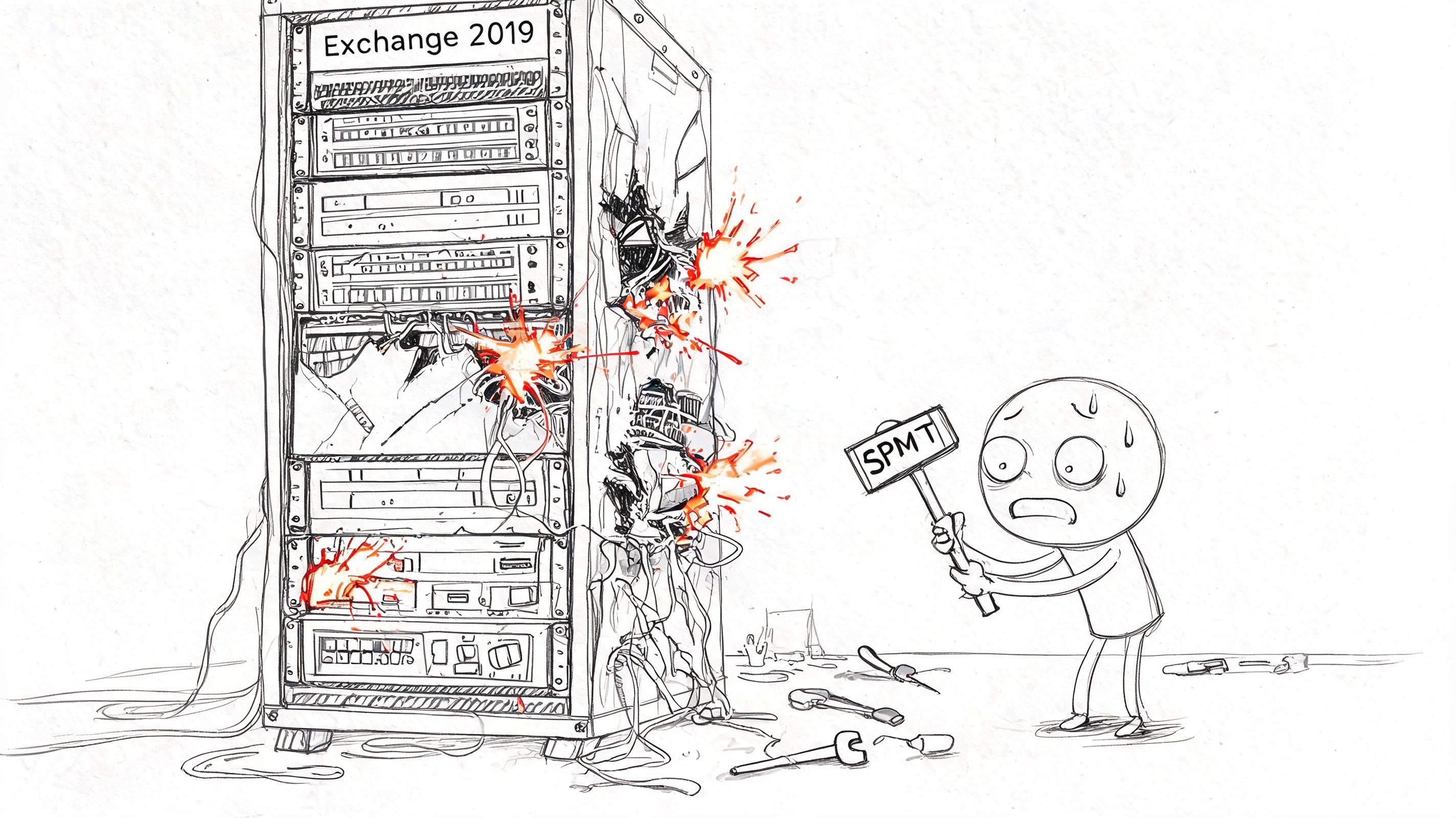 A cartoon illustration showing an IT worker struggling to fix a damaged Exchange 2019 server rack.
