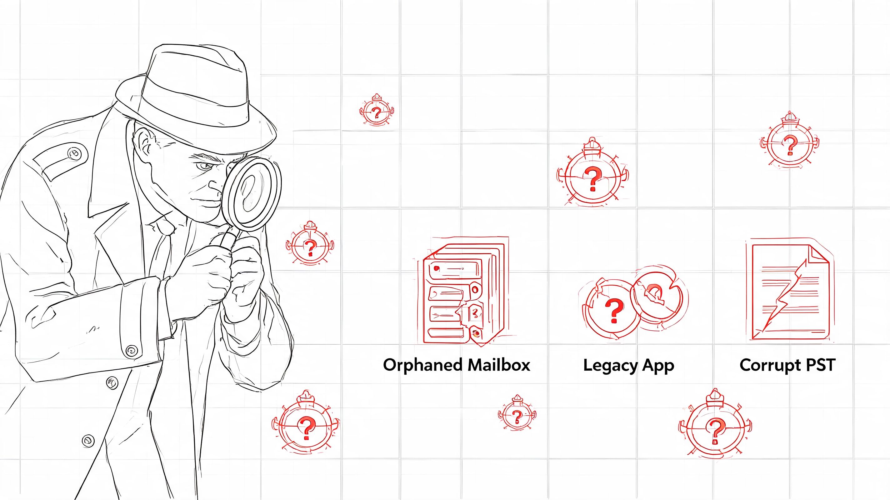 A detective looking through a magnifying glass at digital icons representing email migration challenges.
