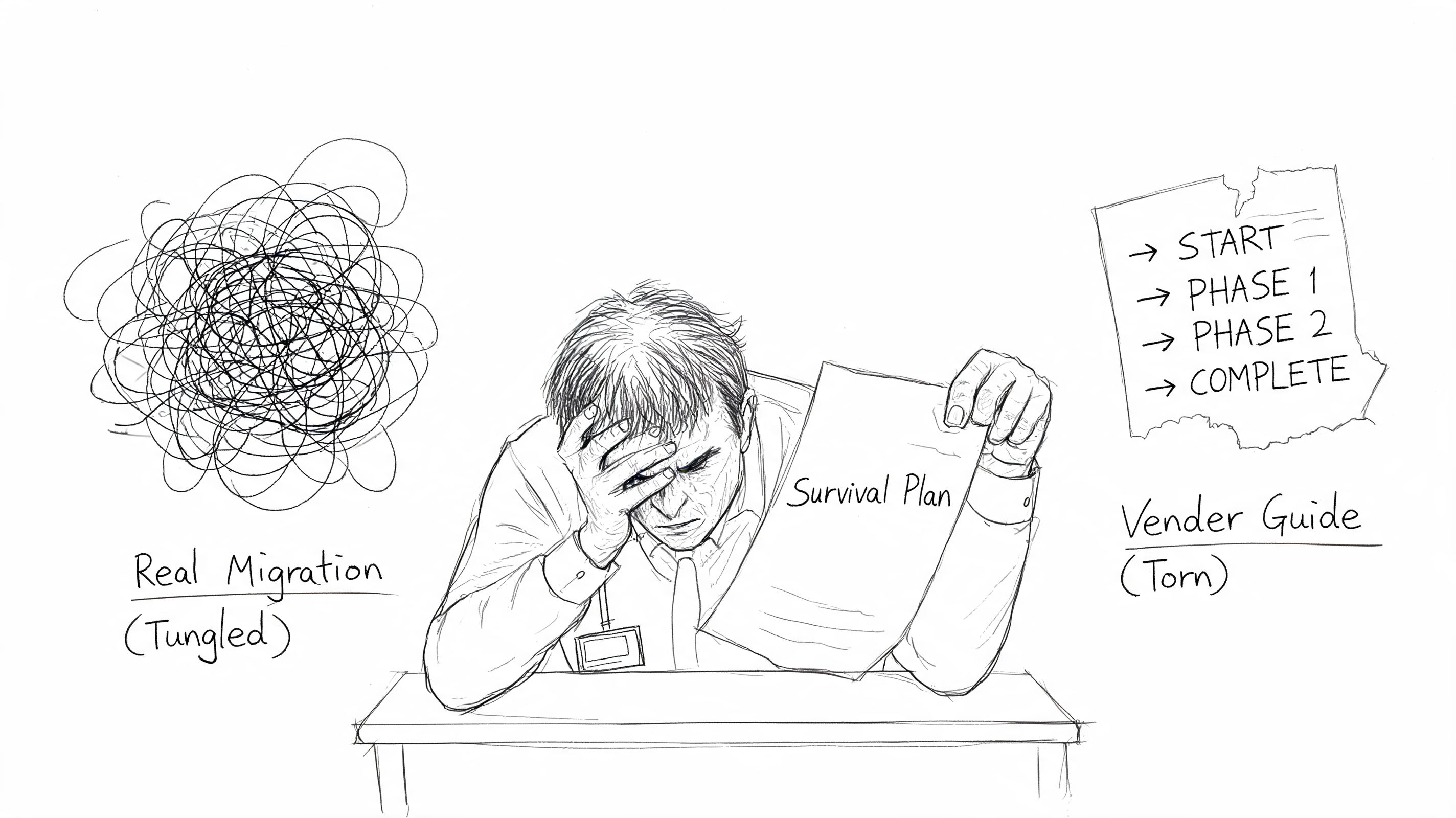 A stressed man looking at a Survival Plan document, contrasting a complex migration with a torn vendor guide.
