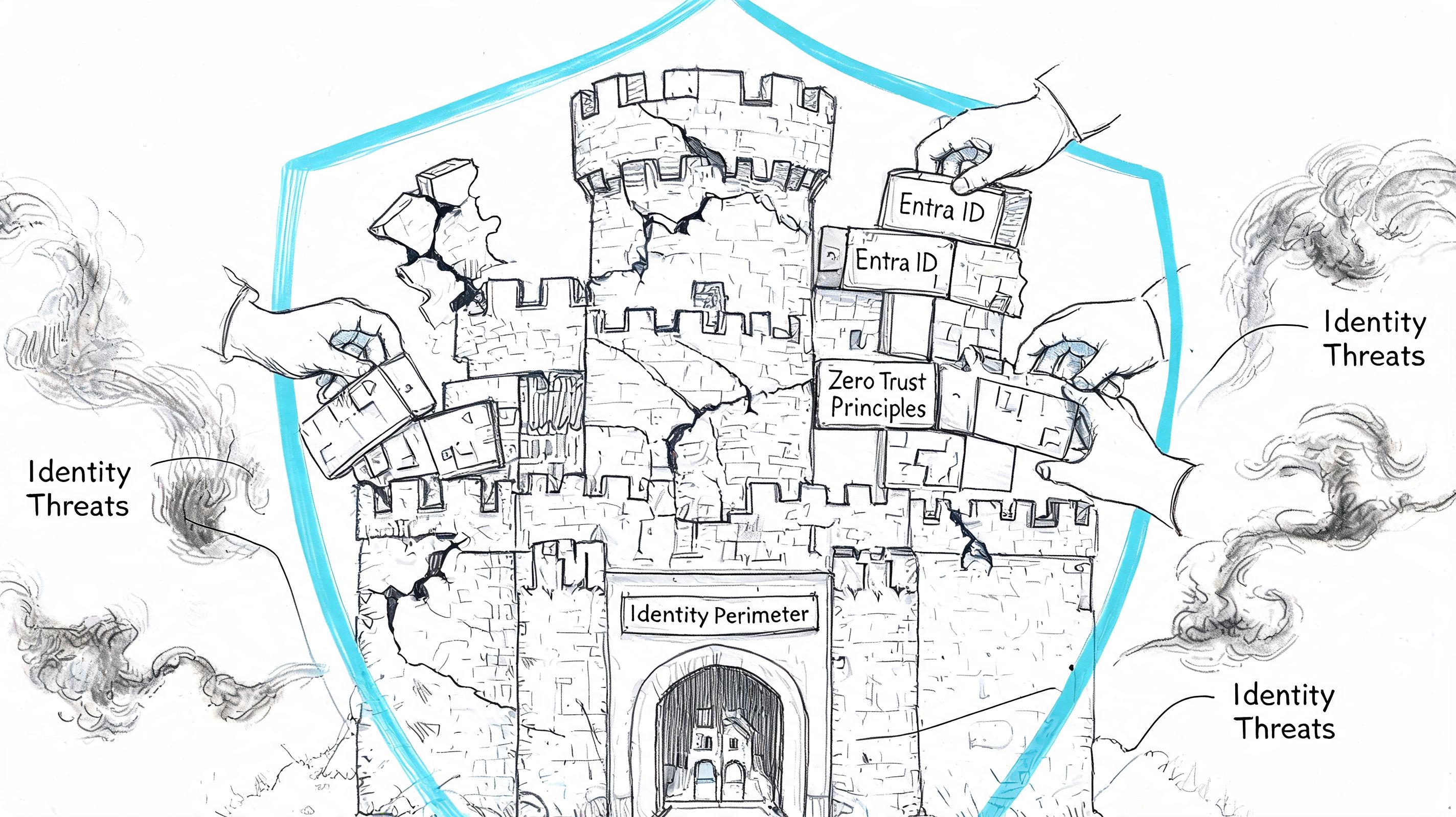 A hand-drawn illustration depicting a castle being repaired with Entra ID blocks against identity threats.