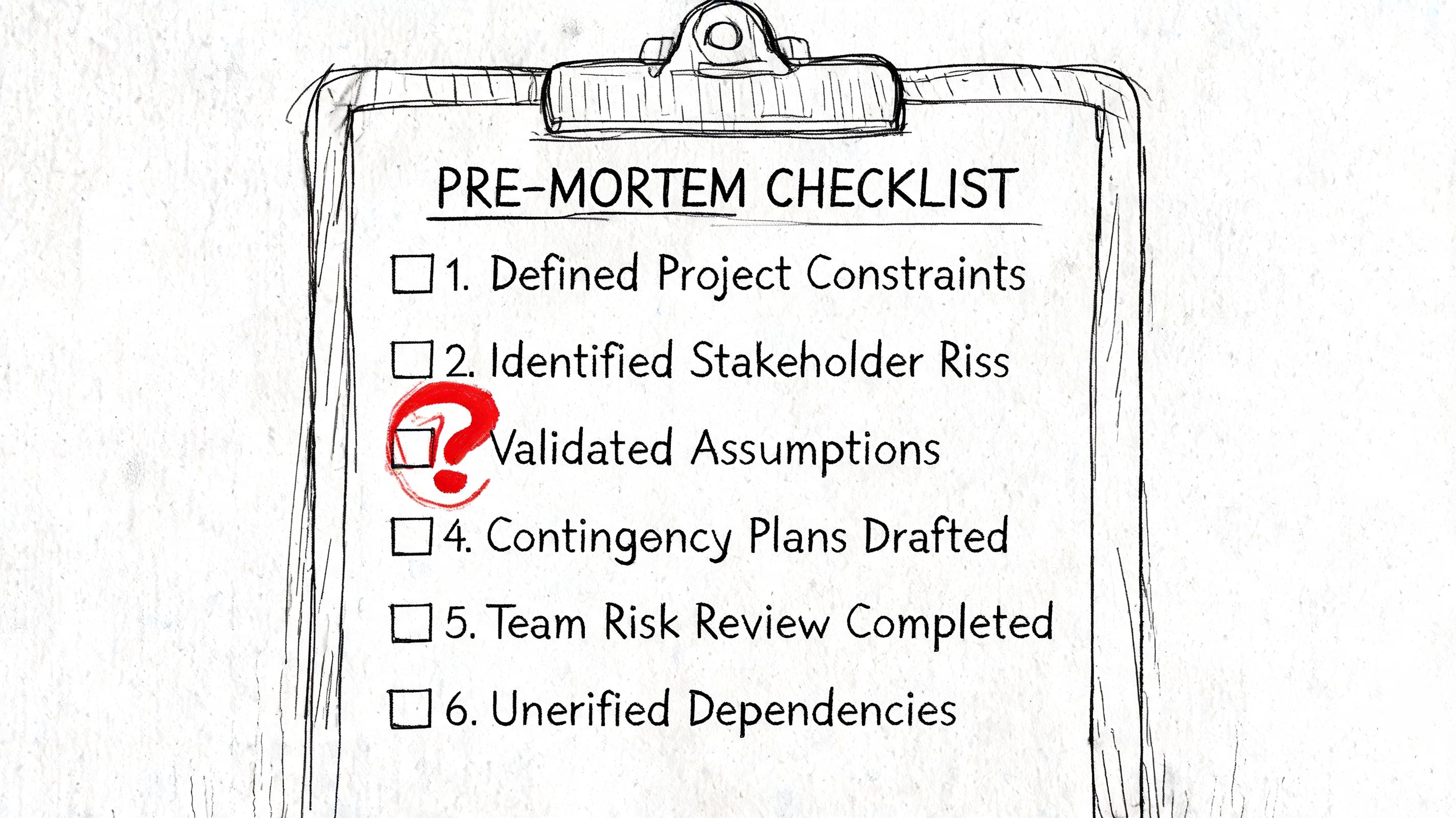 A checklist on a clipboard showing tasks for a project pre-mortem analysis with a question mark.