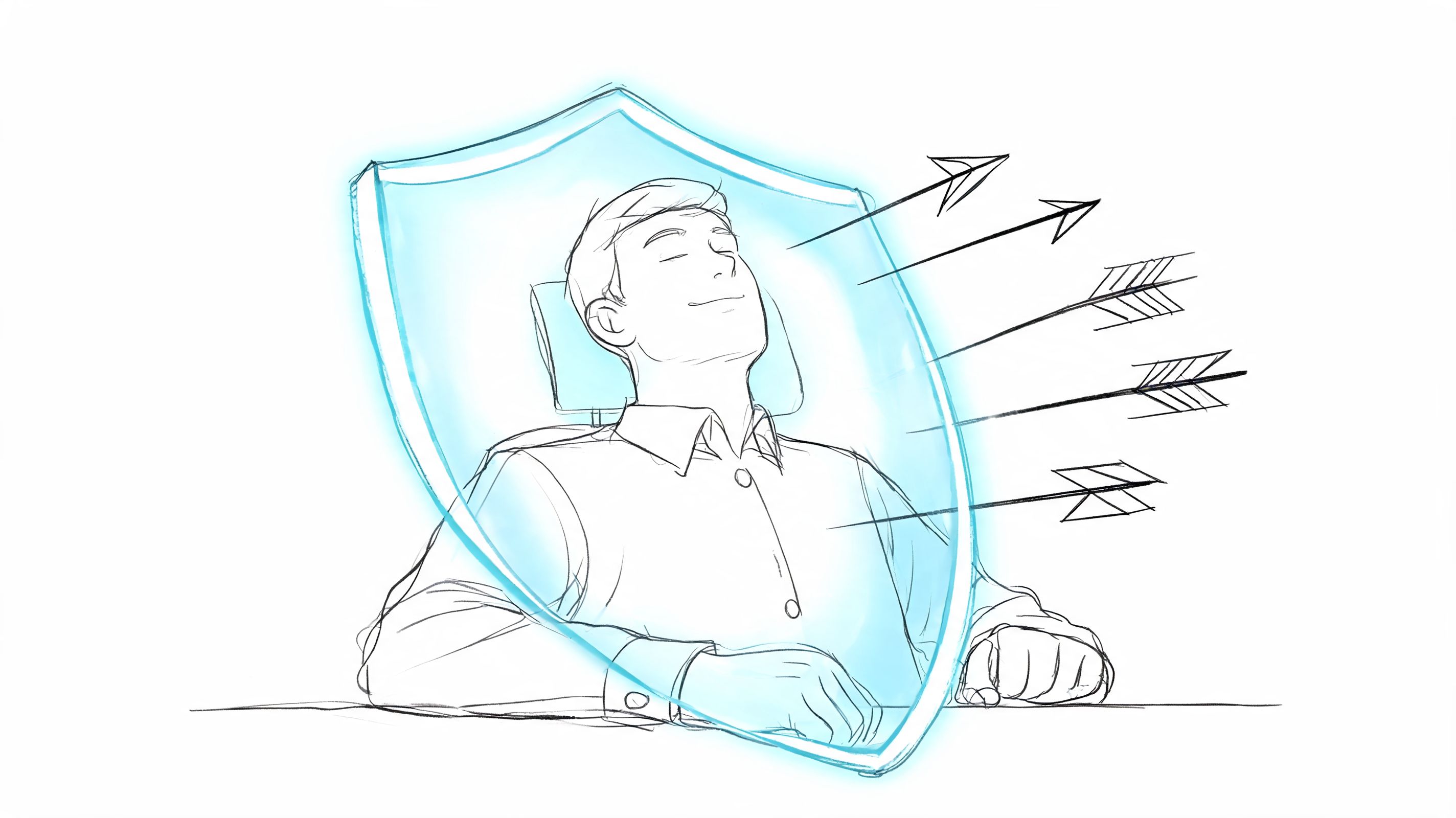 A line art illustration of a relaxed man protected by a glowing blue shield from incoming arrows.