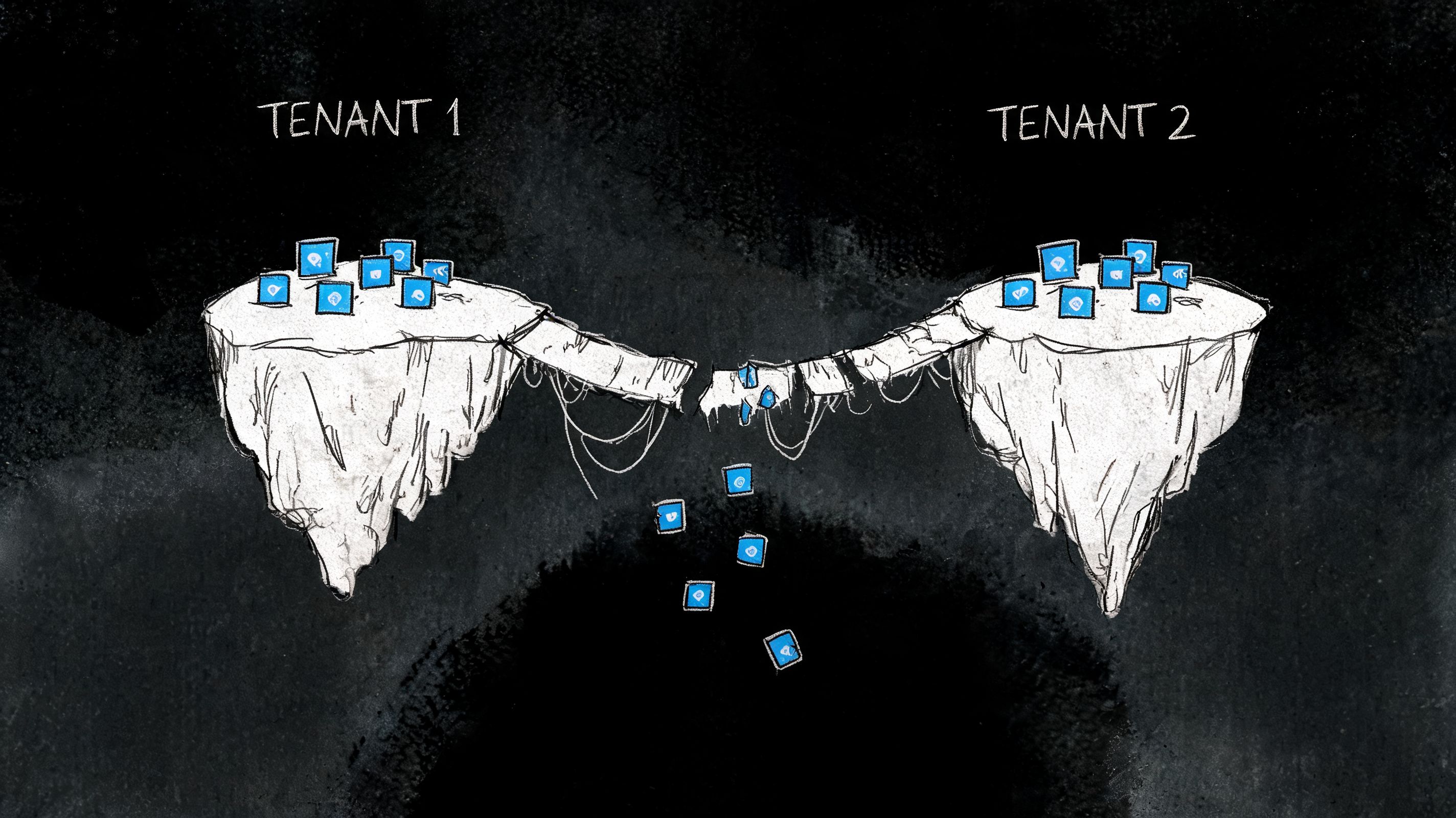 A conceptual illustration showing two separate tenant islands with falling digital communication icons, representing data silos.