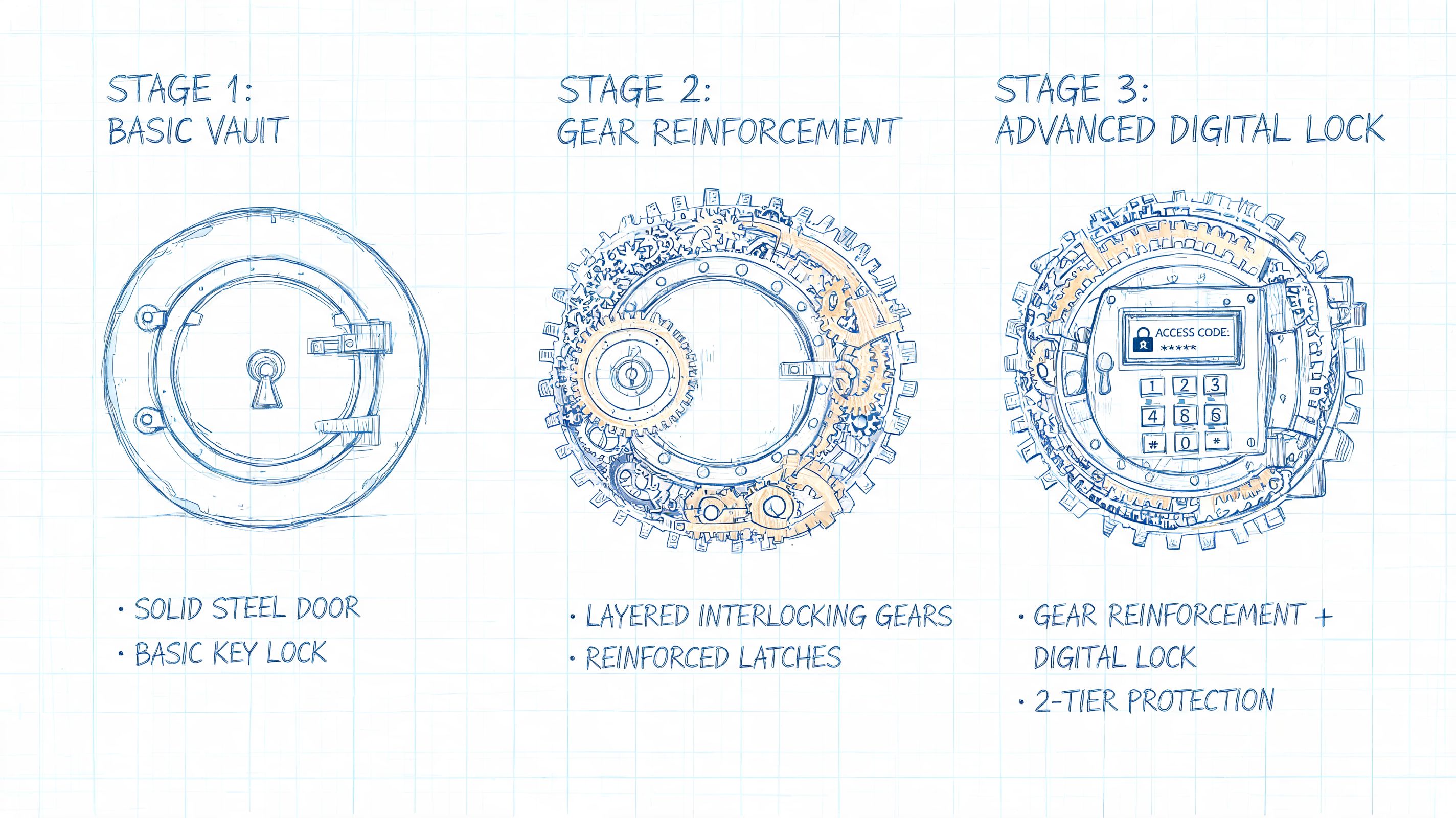 A diagram illustrating three stages of vault security development from a basic key lock to digital.