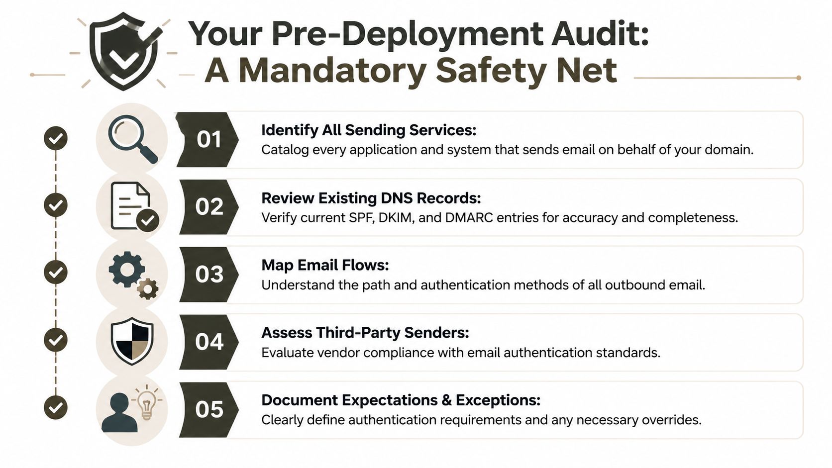 A five-step infographic outlining a mandatory pre-deployment audit for email authentication, SPF, DKIM, and DMARC protocols.