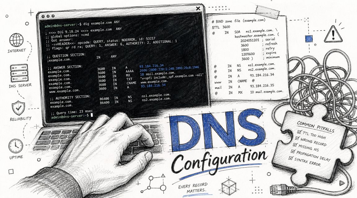 A conceptual illustration showing a hand using a laptop to configure DNS zone files and records.
