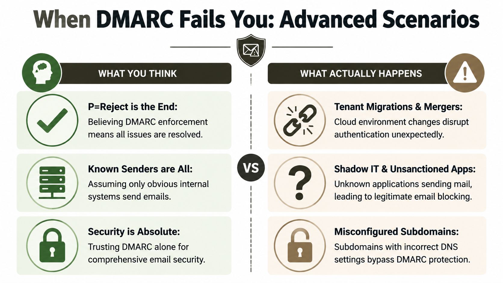 A comparison chart showing how misconceptions about DMARC policy enforcement contrast with real-world email authentication challenges.