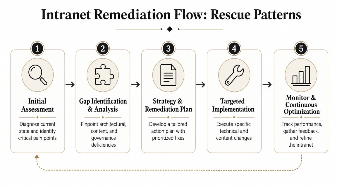 A five-step process diagram illustrating the Intranet Remediation Flow and various rescue patterns for corporate intranets.