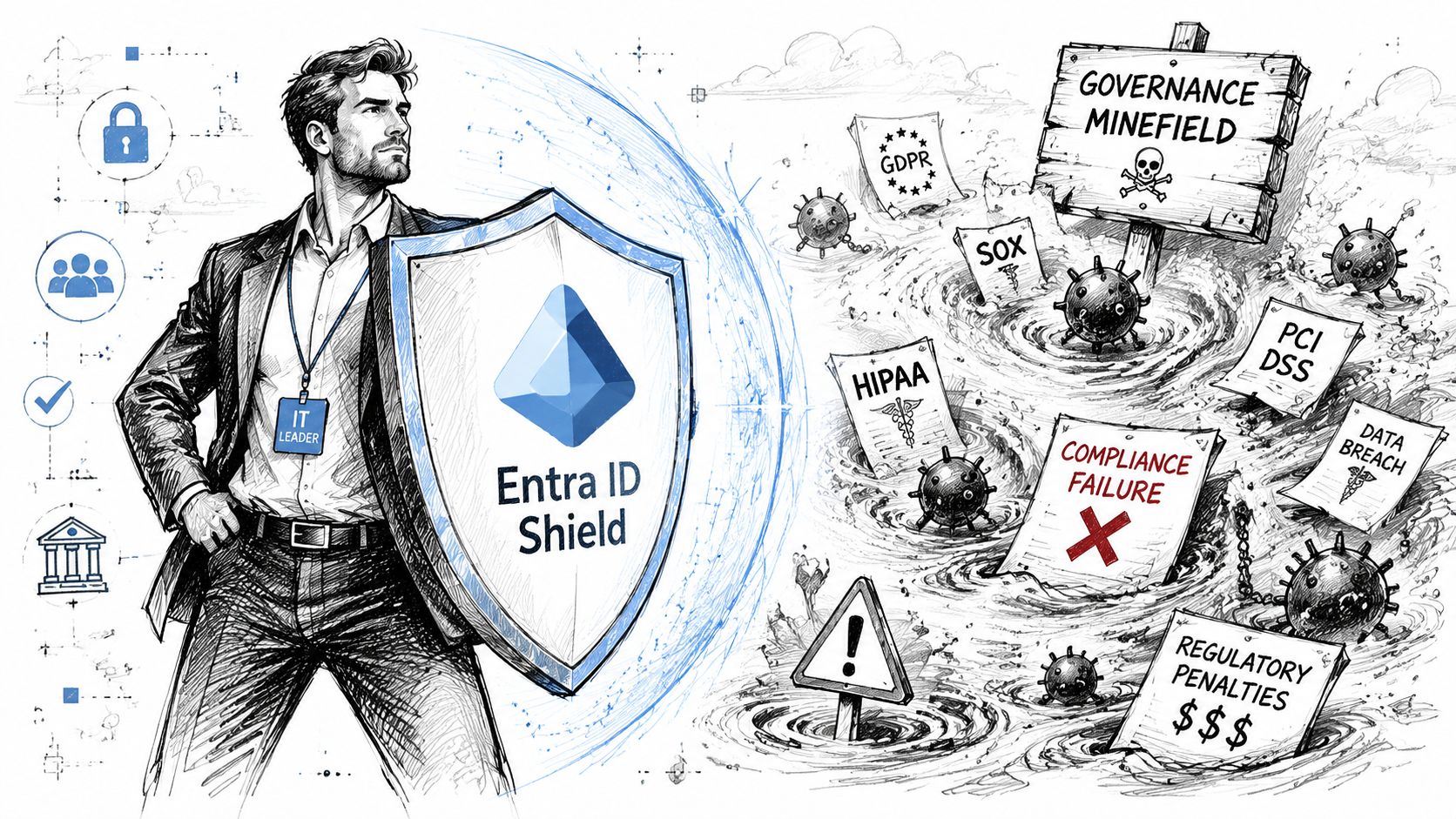 A professional IT leader holds a shield protecting against risks like data breaches and regulatory compliance penalties.