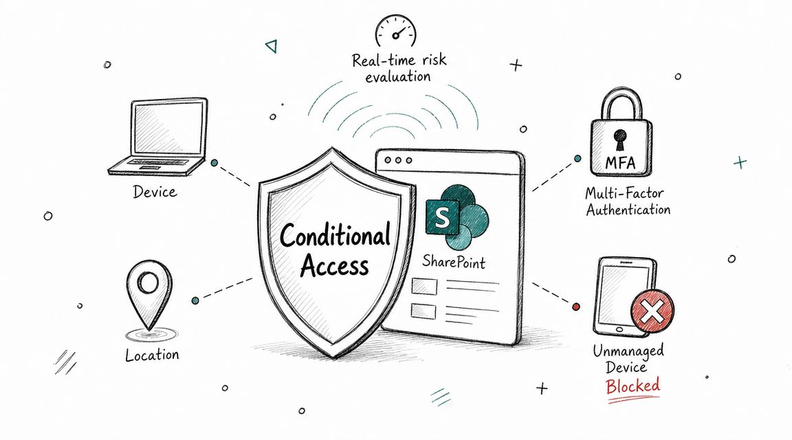 A diagram illustrating Conditional Access security policies protecting SharePoint access through real-time risk evaluation and device checks.