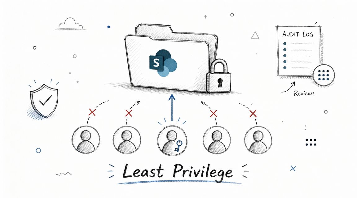 A conceptual illustration of the least privilege principle applied to SharePoint folders and user access rights.