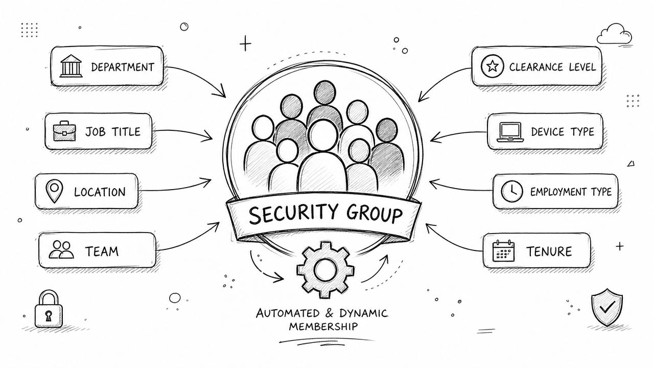 A hand-drawn diagram illustrating automated and dynamic security group membership based on organisational user attributes.