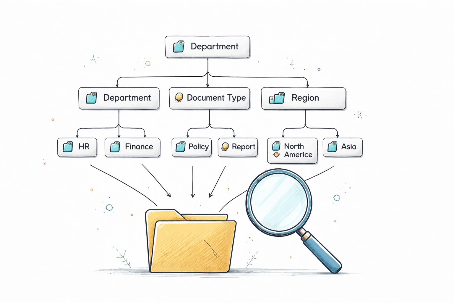 A diagram illustrating a hierarchical SharePoint document management folder structure with search filter options.