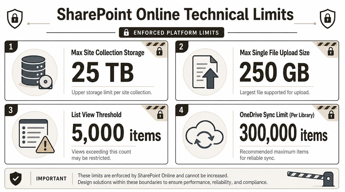 An infographic showing four key technical limits for SharePoint Online including storage, file size, list views, and sync.
