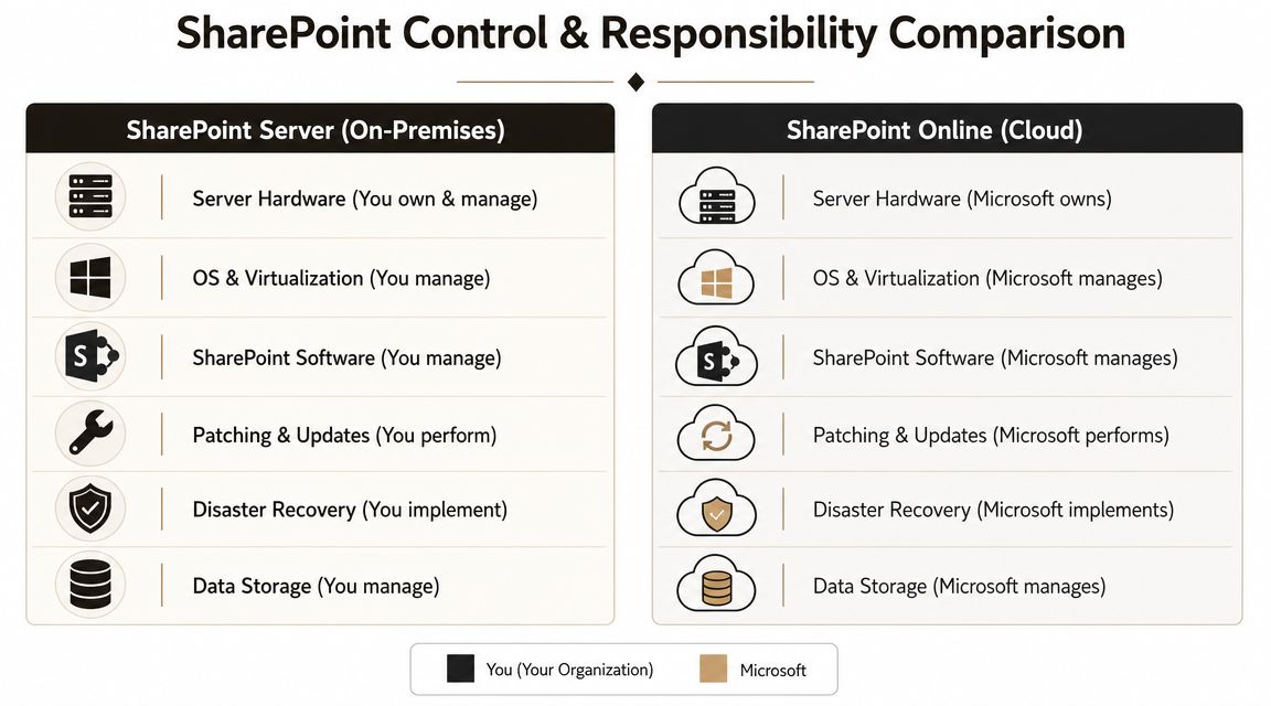 A comparison chart showing responsibilities for SharePoint Server and SharePoint Online between your organization and Microsoft.