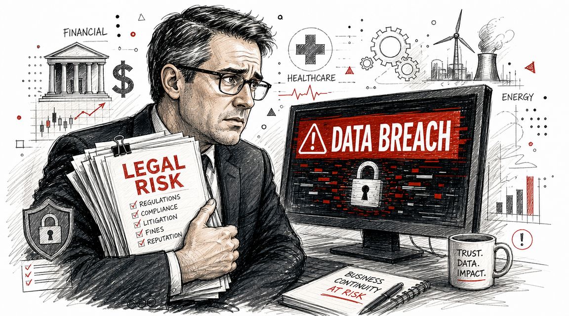 A concerned professional holding legal documents while looking at a computer screen showing a data breach warning.