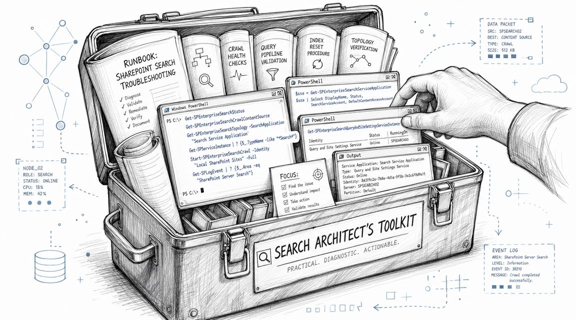 A detailed illustration of a search architect's toolkit featuring troubleshooting scripts and technical documentation for SharePoint.